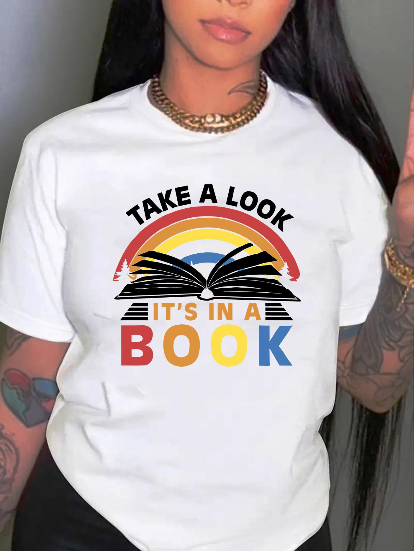 thumbnail image 2 of Book & Rainbow & Slogan Print Comfy T-Shirt, Round Neck Short Sleeve Sports Tee, Women's Activewear, 2 of 8