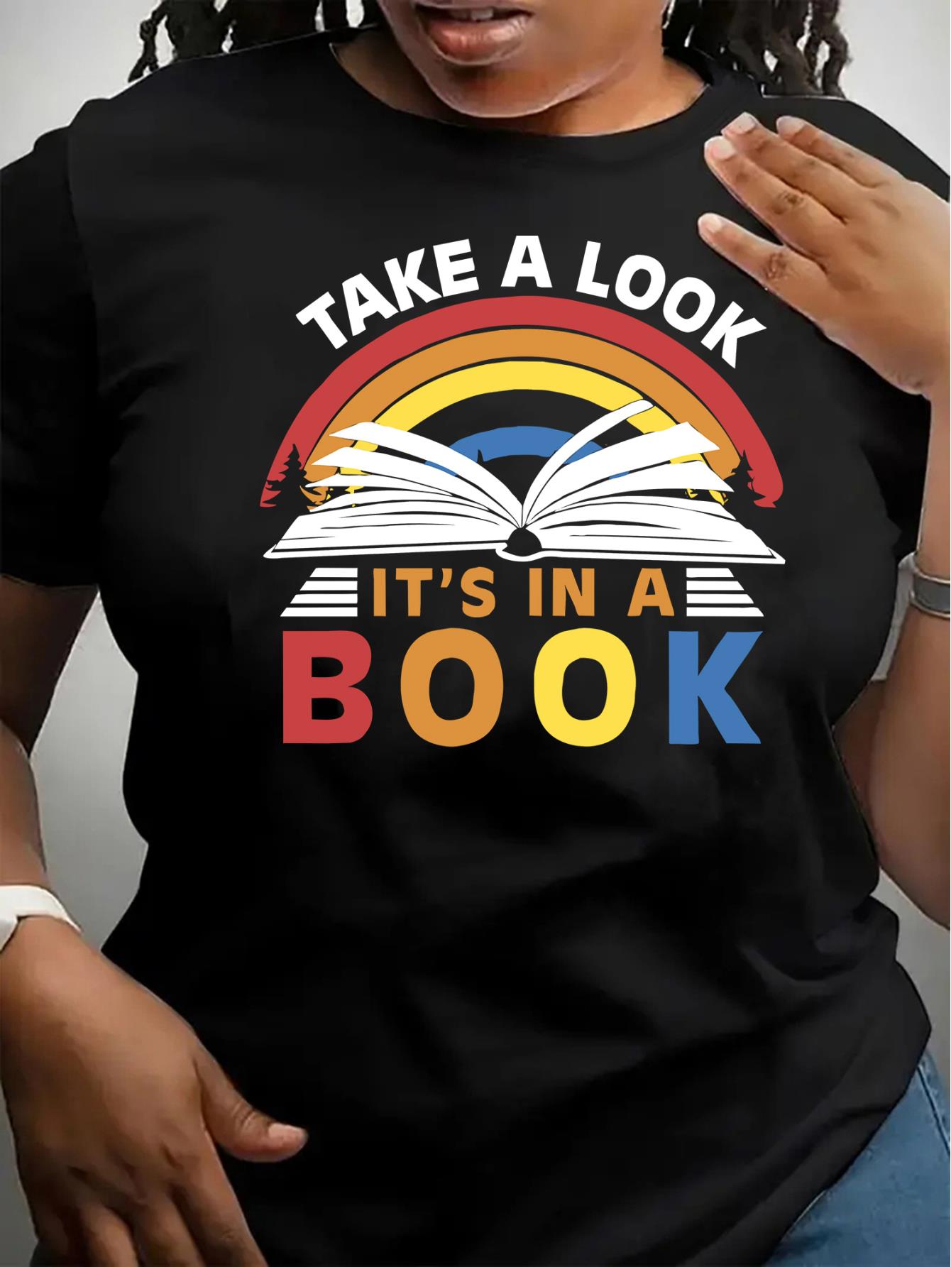 thumbnail image 1 of Book & Rainbow & Slogan Print Comfy T-Shirt, Round Neck Short Sleeve Sports Tee, Women's Activewear, 1 of 8