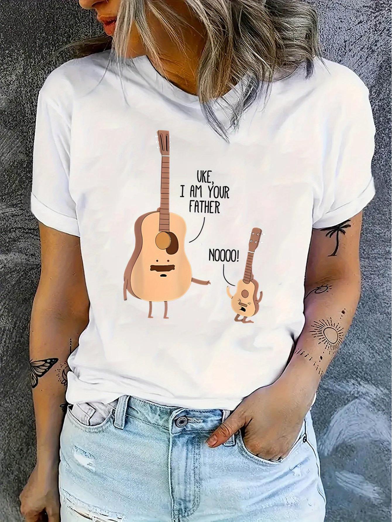 thumbnail image 2 of Women's Guitar Graphic T-Shirt - "I AMP YOUR FATHER" Design, Casual Short Sleeve Tee, Comfortable Summer Top, Black Polyester Blend, Machine Washable, Casual Attire Tee | Playful Design | Glossy Fabr, 2 of 8