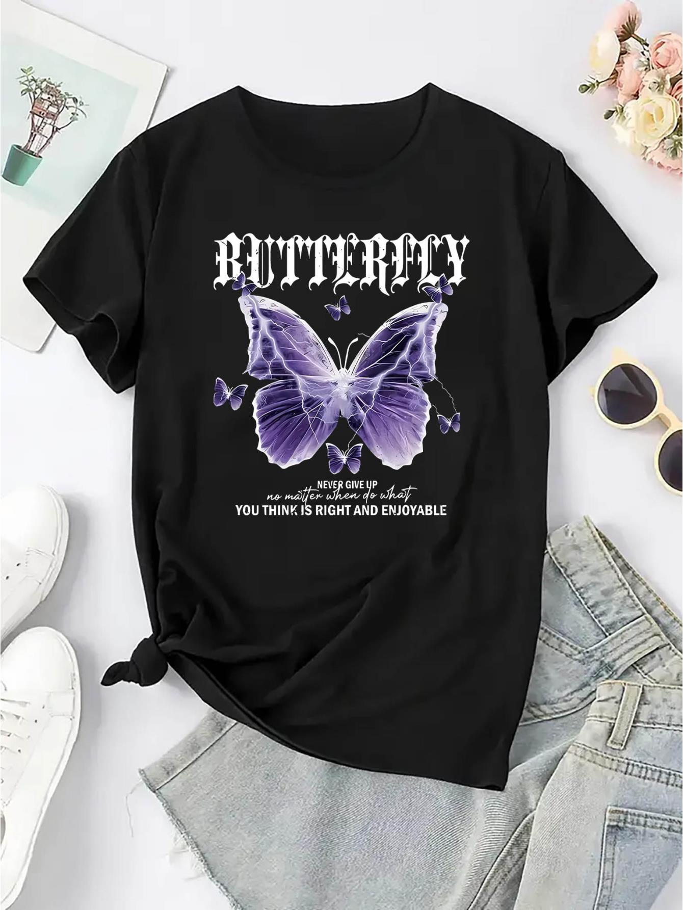 thumbnail image 4 of 1pc Women'S Casual Crew Neck T-Shirt with Lightning Butterfly Print, Fashionable Short Sleeve Top, Comfortable Summer Knit Polyester Tee with Medium Stretch, 4 of 8