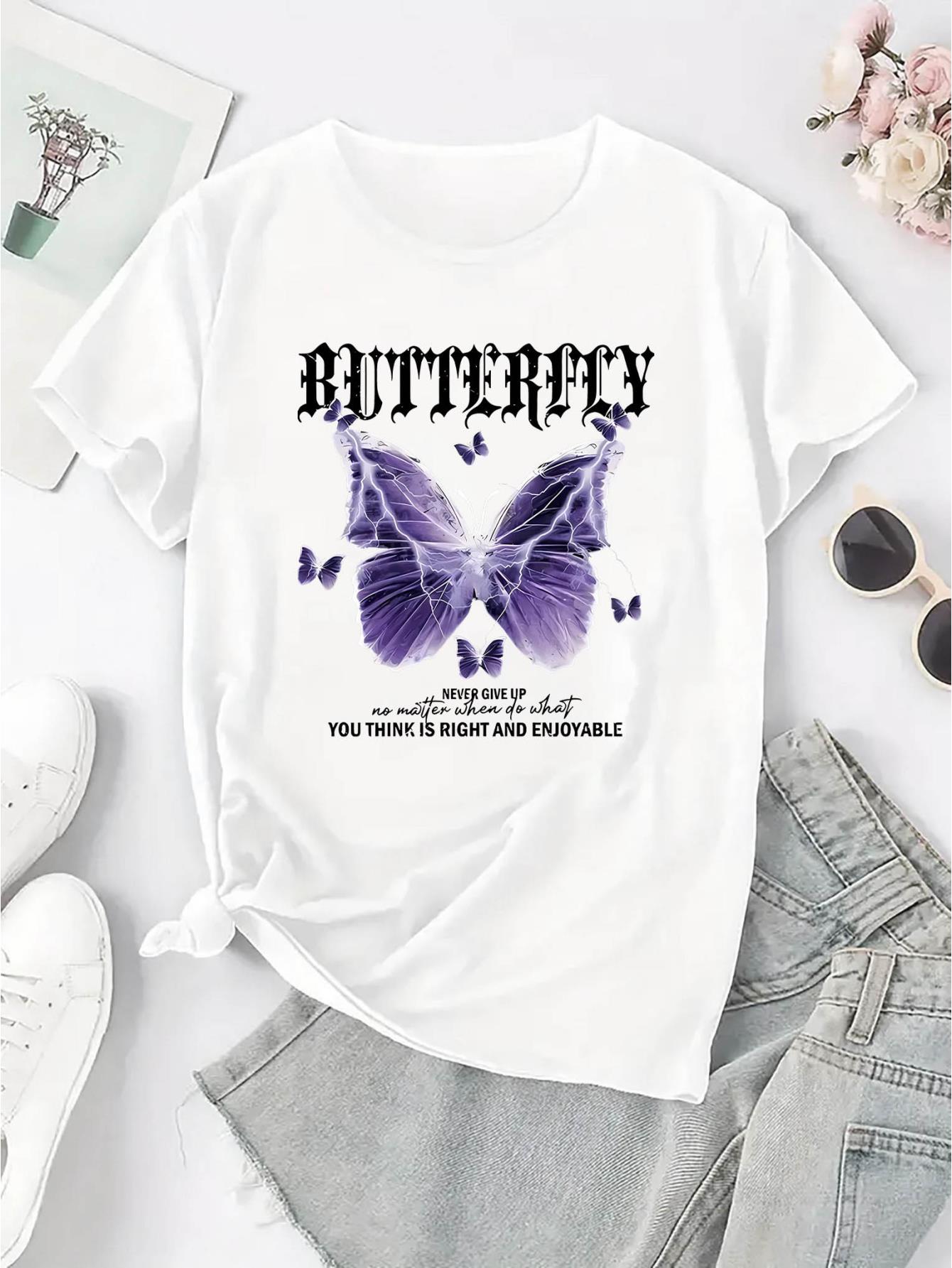 thumbnail image 3 of 1pc Women'S Casual Crew Neck T-Shirt with Lightning Butterfly Print, Fashionable Short Sleeve Top, Comfortable Summer Knit Polyester Tee with Medium Stretch, 3 of 8