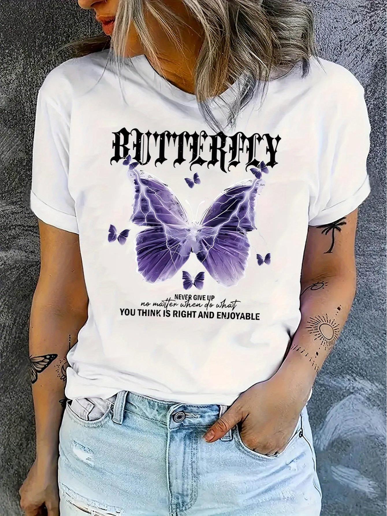 thumbnail image 1 of 1pc Women'S Casual Crew Neck T-Shirt with Lightning Butterfly Print, Fashionable Short Sleeve Top, Comfortable Summer Knit Polyester Tee with Medium Stretch, 1 of 8