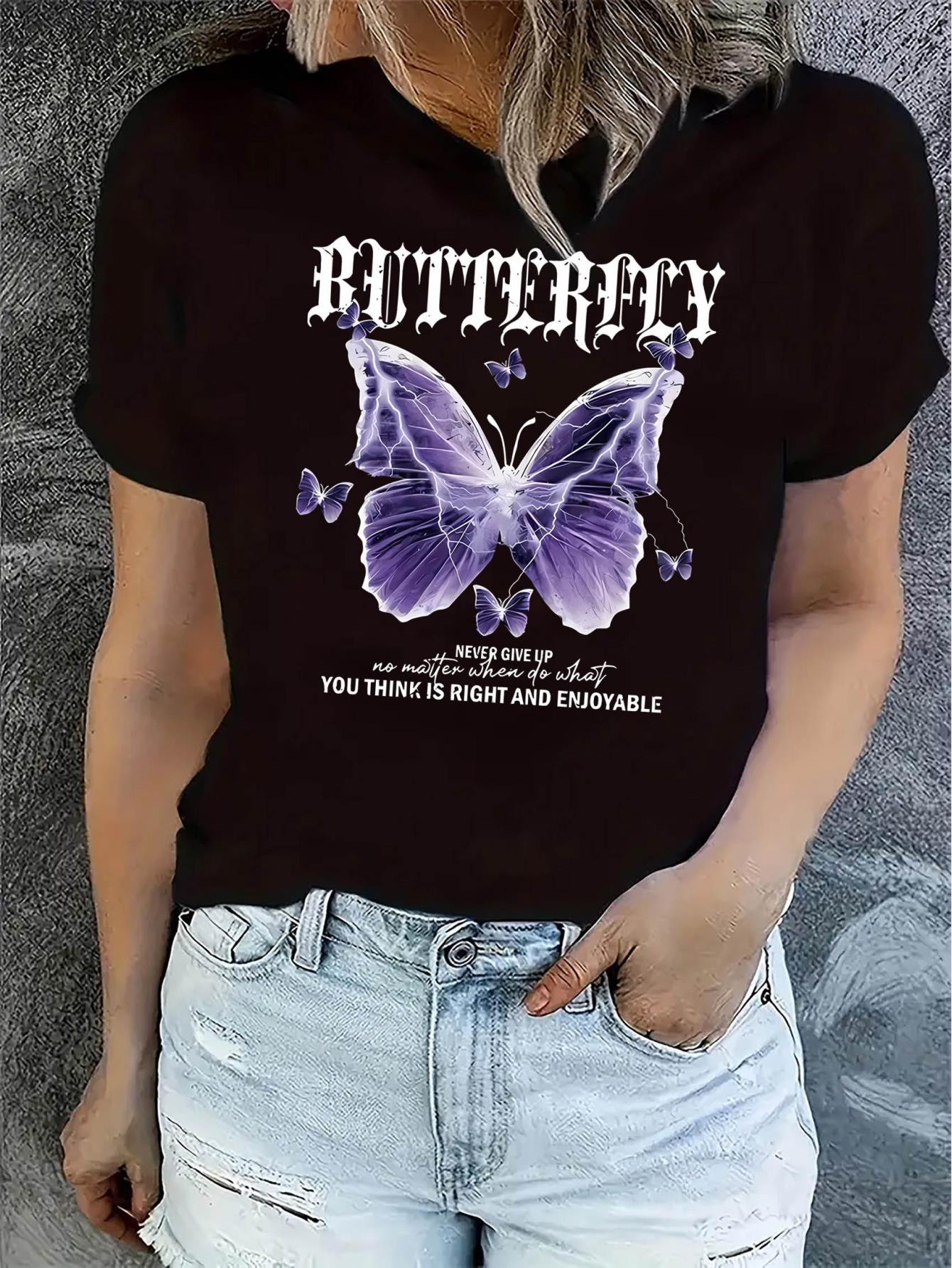thumbnail image 2 of 1pc Women'S Casual Crew Neck T-Shirt with Lightning Butterfly Print, Fashionable Short Sleeve Top, Comfortable Summer Knit Polyester Tee with Medium Stretch, 2 of 8