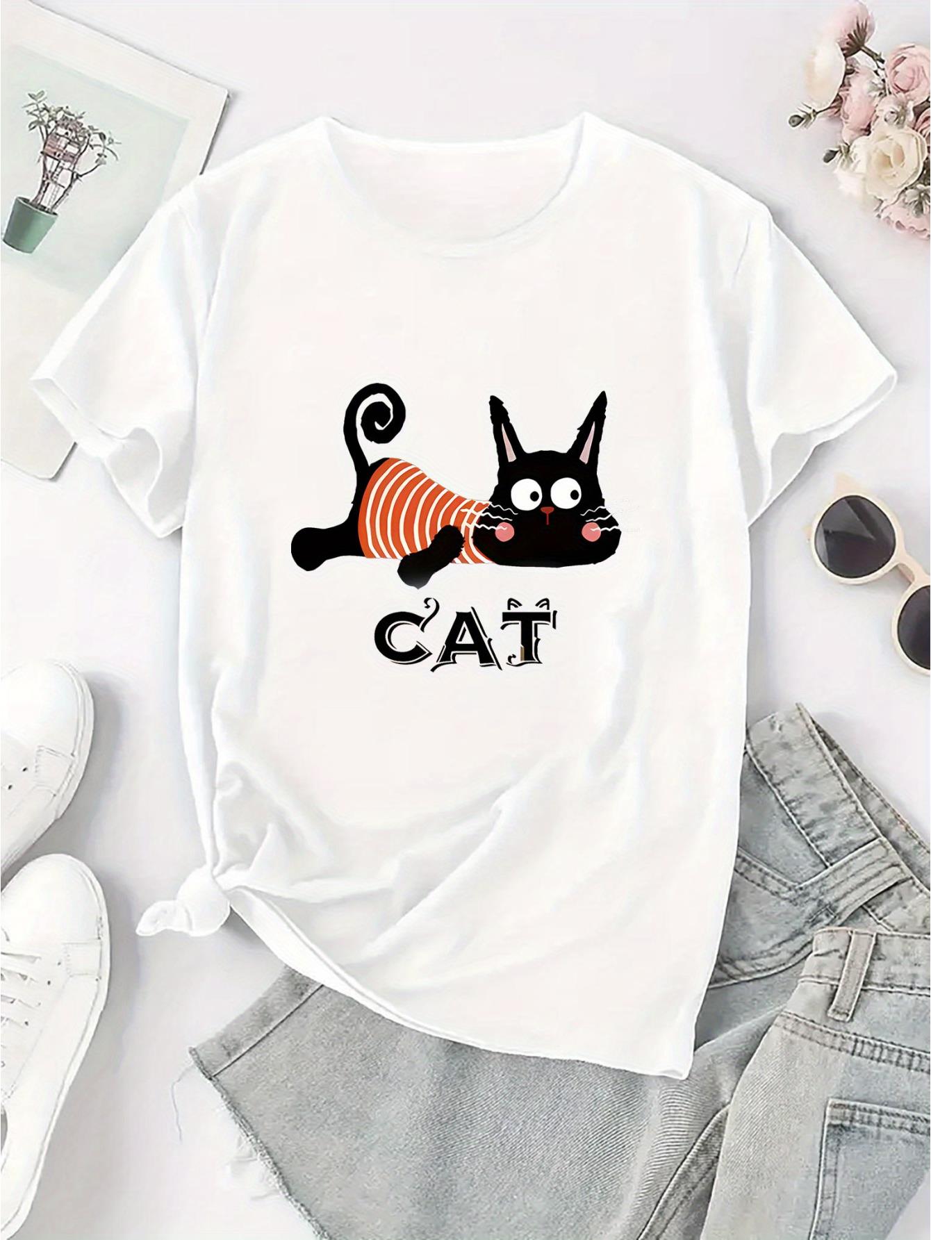 thumbnail image 3 of Women's Cute Cat Graphic Tee - Casual Round Neck Short Sleeve T-Shirt, Soft Polyester Blend, Playful Black & Orange Cat Design, Perfect for Casual Attire or Summer Vacations, 3 of 8