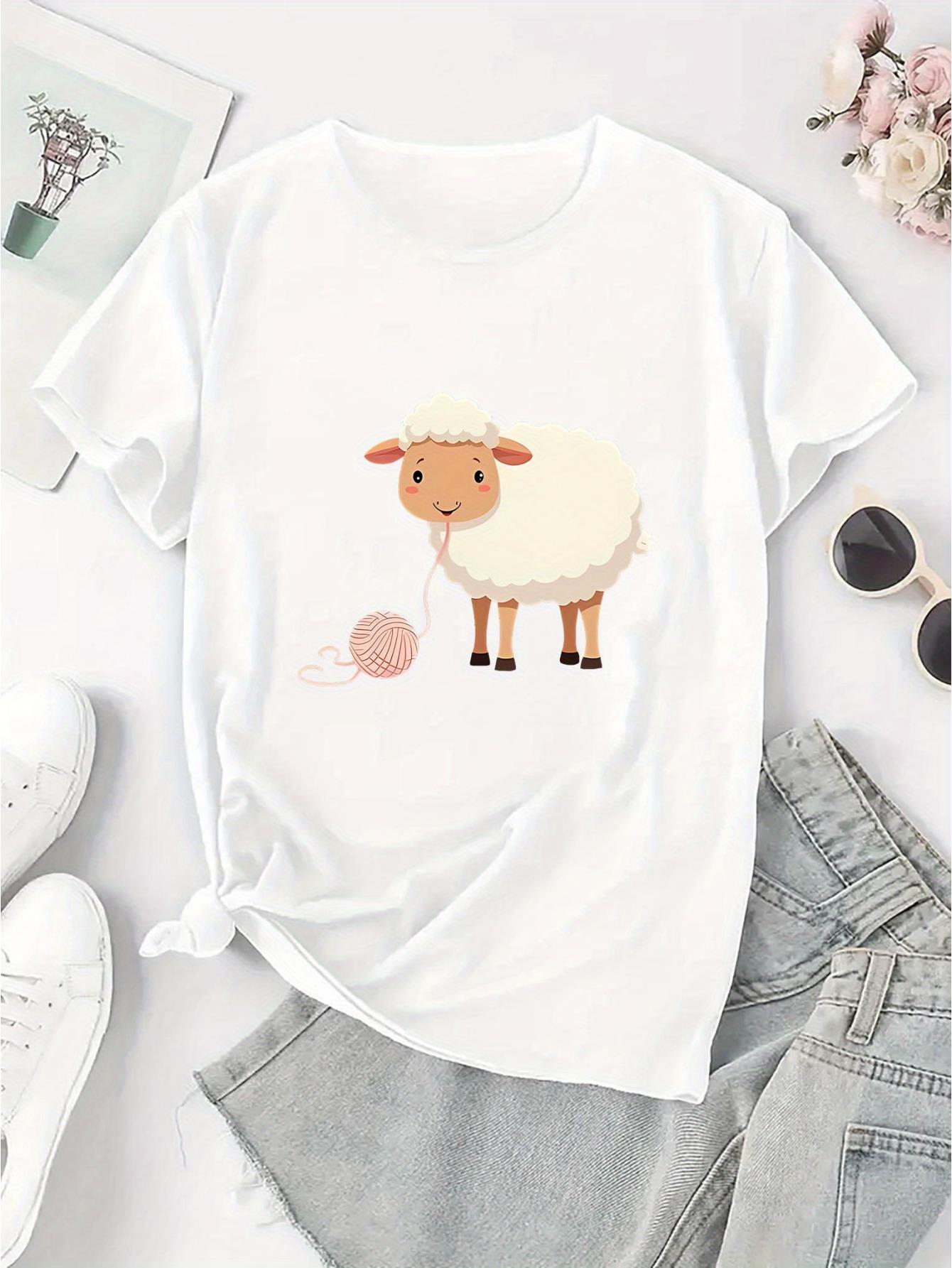 thumbnail image 4 of Women's Cute Cartoon Sheep Print Short Sleeve T-Shirt - Soft & Comfortable Casual Summer Top, Black Knit Fabric, Round Neck, Machine Washable, 4 of 8