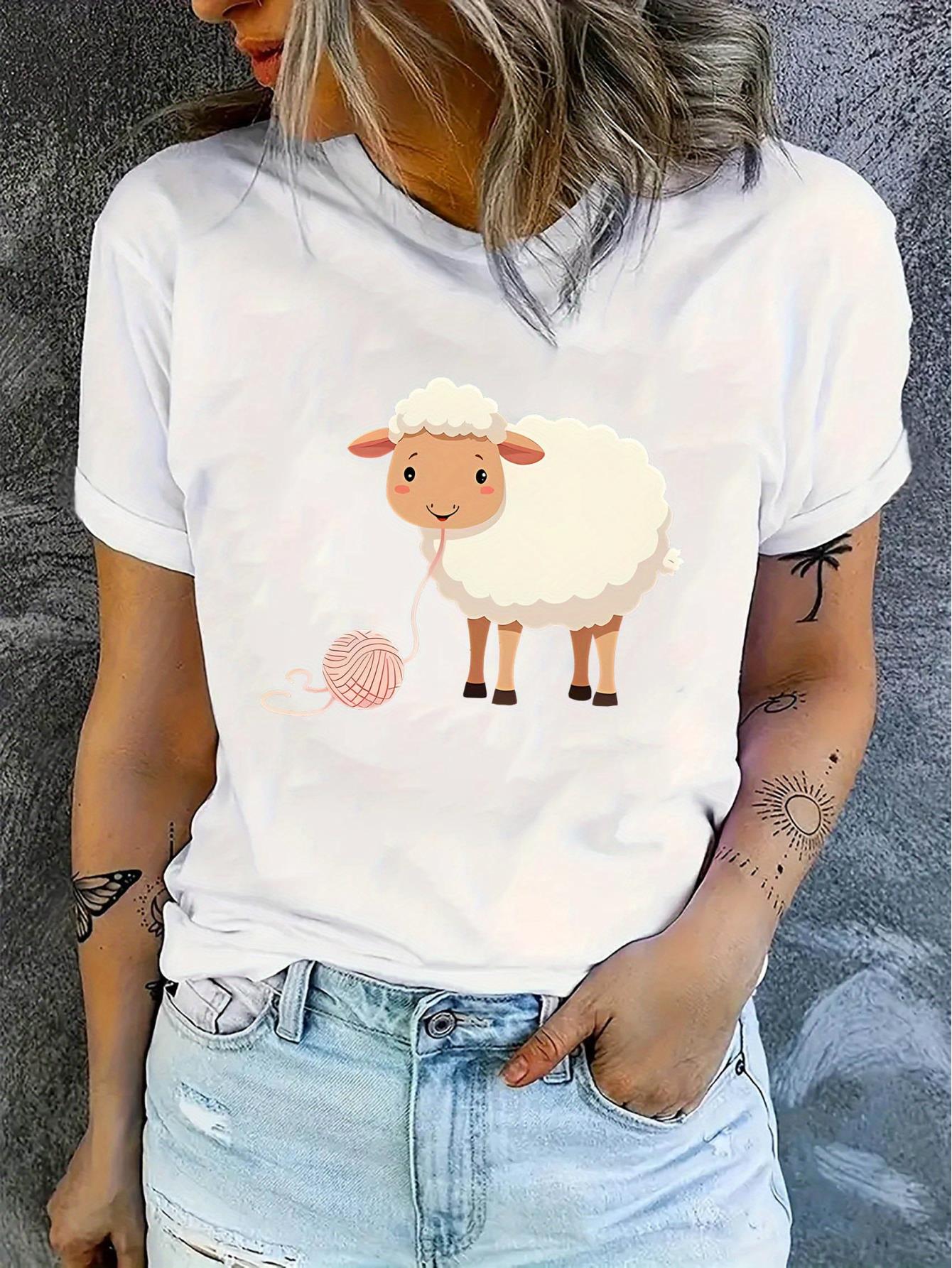 thumbnail image 2 of Women's Cute Cartoon Sheep Print Short Sleeve T-Shirt - Soft & Comfortable Casual Summer Top, Black Knit Fabric, Round Neck, Machine Washable, 2 of 8