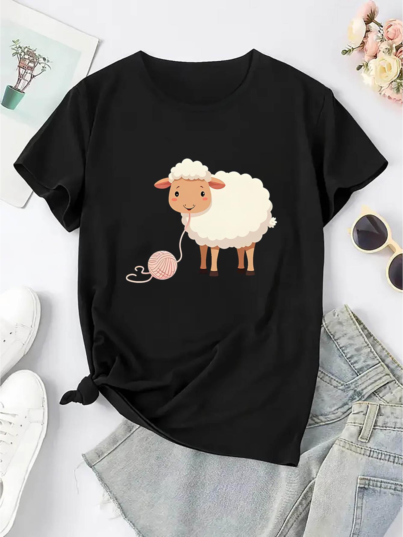 thumbnail image 3 of Women's Cute Cartoon Sheep Print Short Sleeve T-Shirt - Soft & Comfortable Casual Summer Top, Black Knit Fabric, Round Neck, Machine Washable, 3 of 8