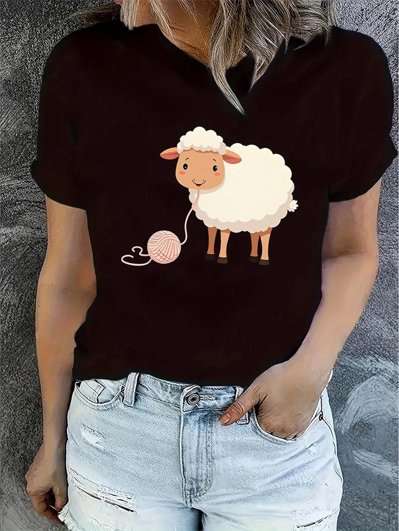 thumbnail image 1 of Women's Cute Cartoon Sheep Print Short Sleeve T-Shirt - Soft & Comfortable Casual Summer Top, Black Knit Fabric, Round Neck, Machine Washable, 1 of 8
