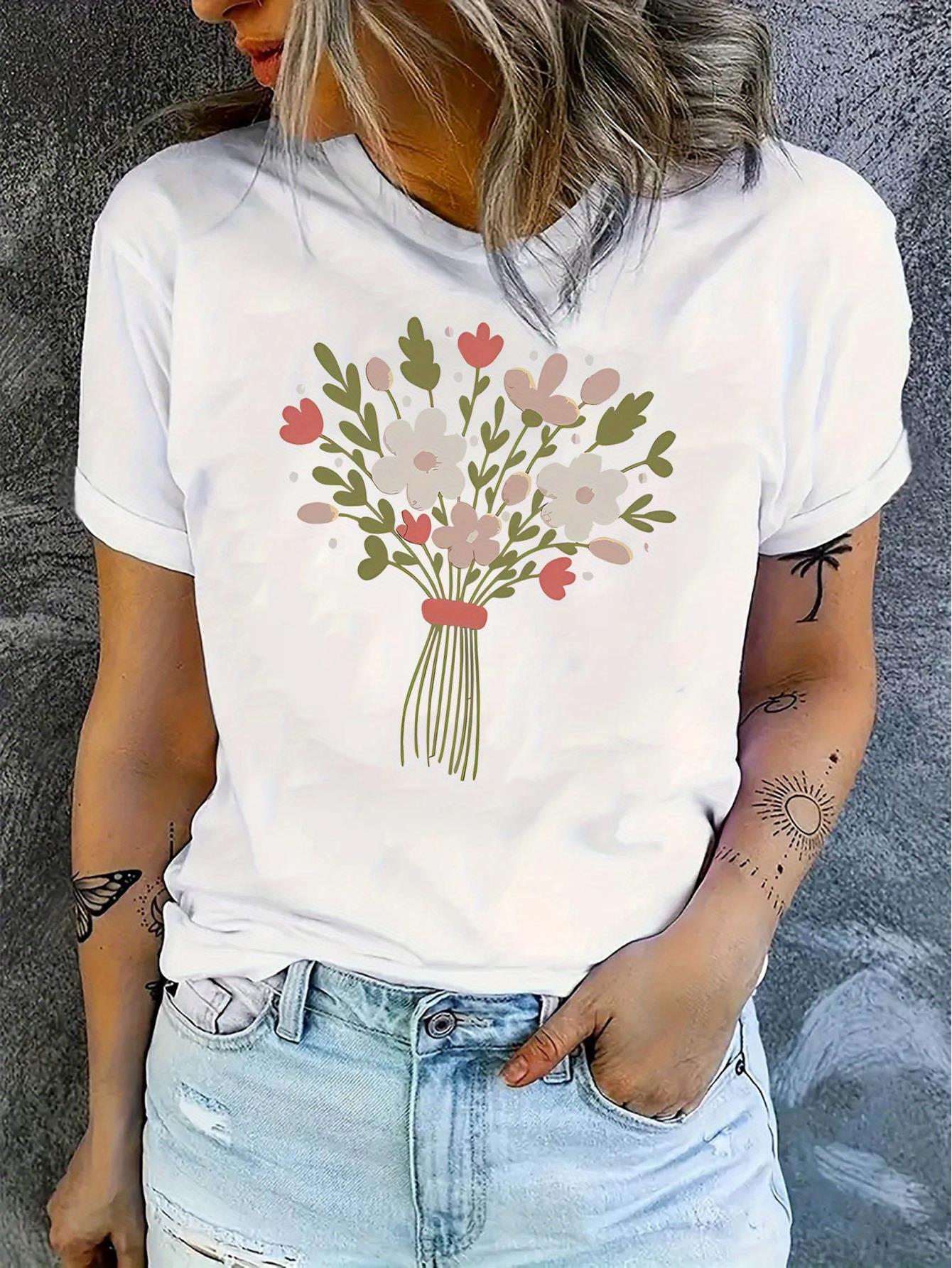 thumbnail image 2 of Women's Floral Bouquet Print T-Shirt, Casual Crew Neck Short Sleeve Top, Polyester 95% Spandex 5%, Medium Stretch Knit Fabric, All-Season Fashion Tee, Casual Wear Tee | Minimalist Tshirt | Polyester, 2 of 8