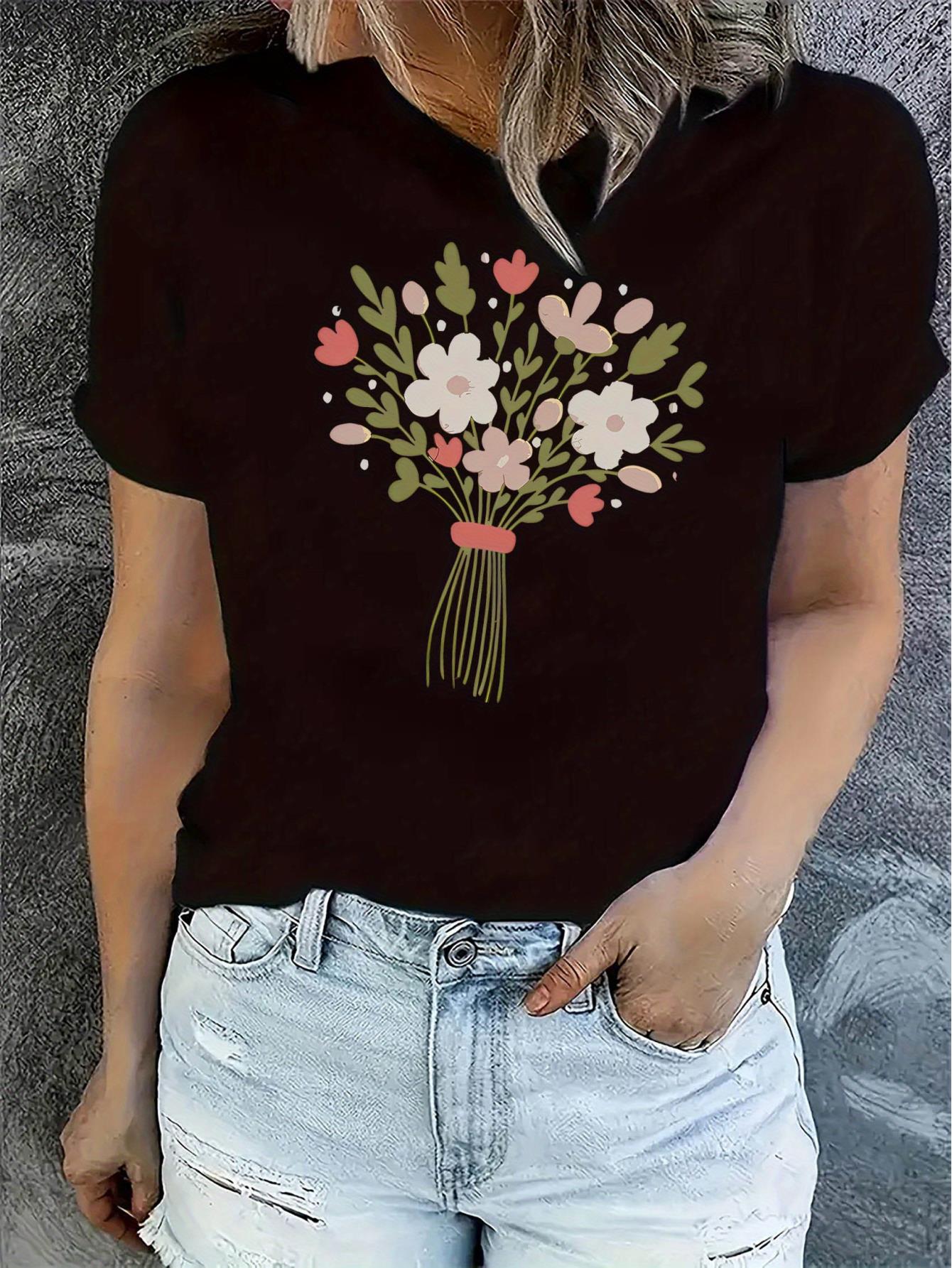 thumbnail image 1 of Women's Floral Bouquet Print T-Shirt, Casual Crew Neck Short Sleeve Top, Polyester 95% Spandex 5%, Medium Stretch Knit Fabric, All-Season Fashion Tee, Casual Wear Tee | Minimalist Tshirt | Polyester, 1 of 8
