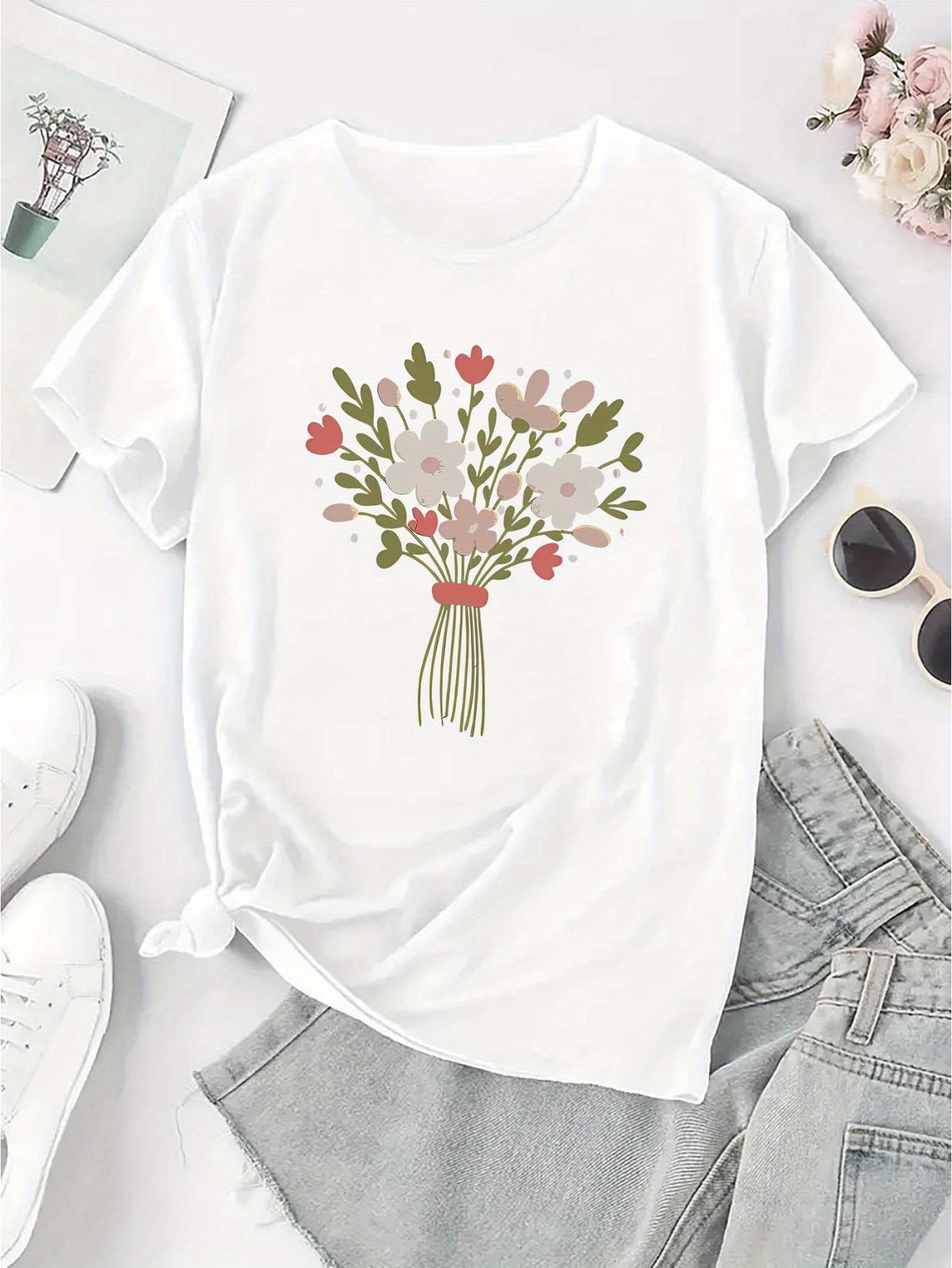 thumbnail image 3 of Women's Floral Bouquet Print T-Shirt, Casual Crew Neck Short Sleeve Top, Polyester 95% Spandex 5%, Medium Stretch Knit Fabric, All-Season Fashion Tee, Casual Wear Tee | Minimalist Tshirt | Polyester, 3 of 8