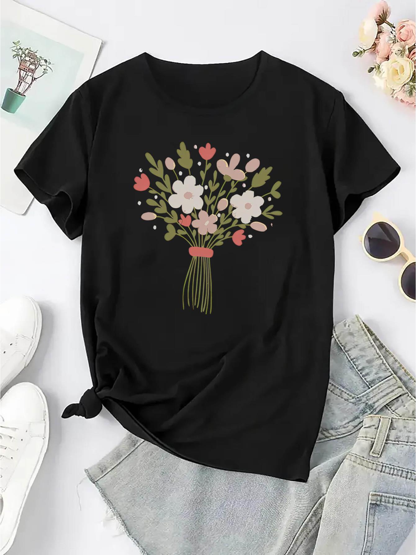 thumbnail image 4 of Women's Floral Bouquet Print T-Shirt, Casual Crew Neck Short Sleeve Top, Polyester 95% Spandex 5%, Medium Stretch Knit Fabric, All-Season Fashion Tee, Casual Wear Tee | Minimalist Tshirt | Polyester, 4 of 8