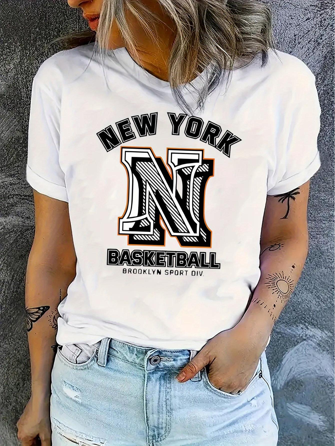 thumbnail image 2 of 1pc Women'S Casual Crew Neck T-Shirt, New York Basketball Graphic Print, Polyester Knit Fabric, Medium Stretch, All-Season Fashion Top, 2 of 8
