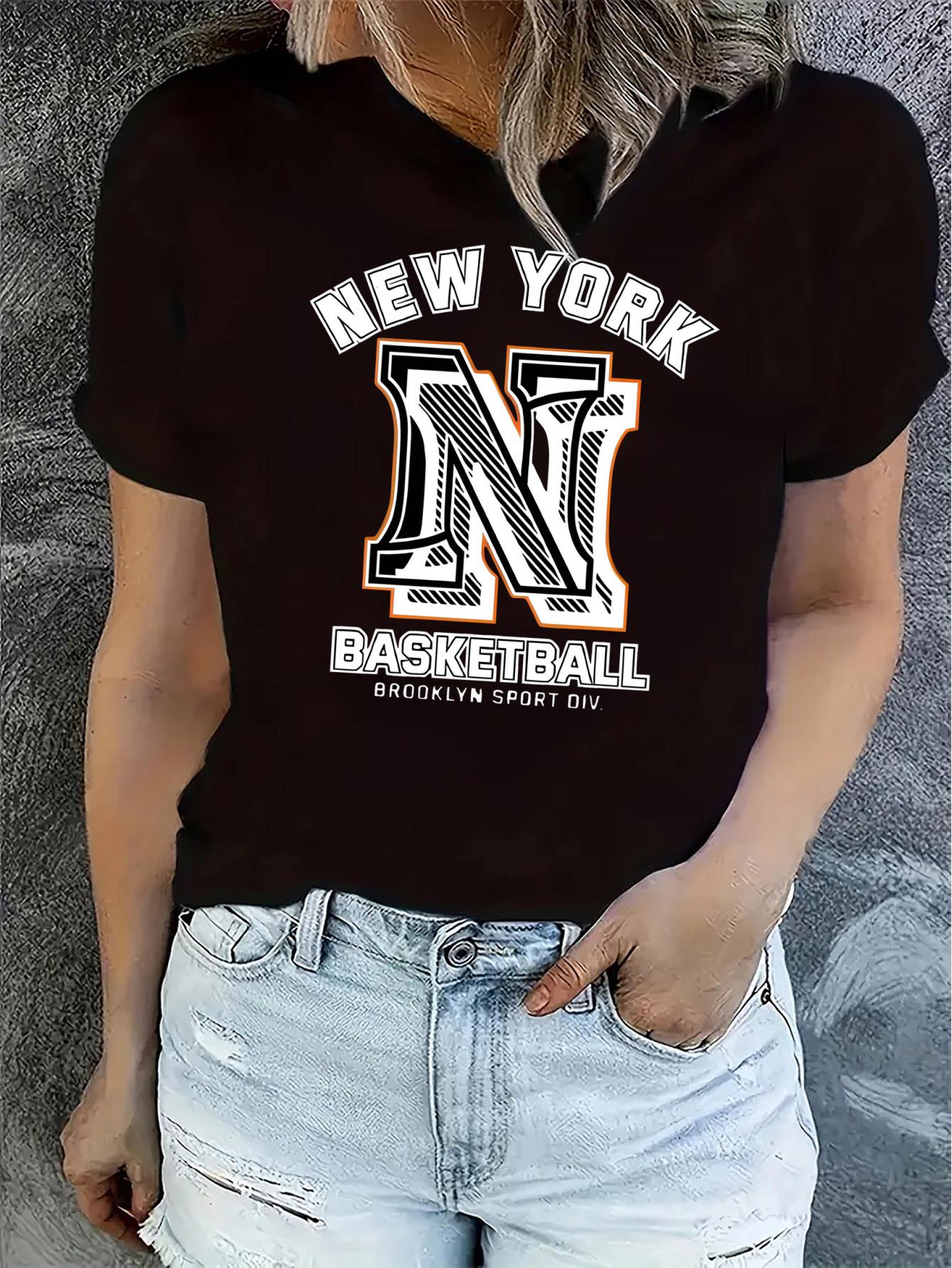 1pc Women'S Casual Crew Neck T-Shirt, New York Basketball Graphic Print, Polyester Knit Fabric, Medium Stretch, All-Season Fashion Top