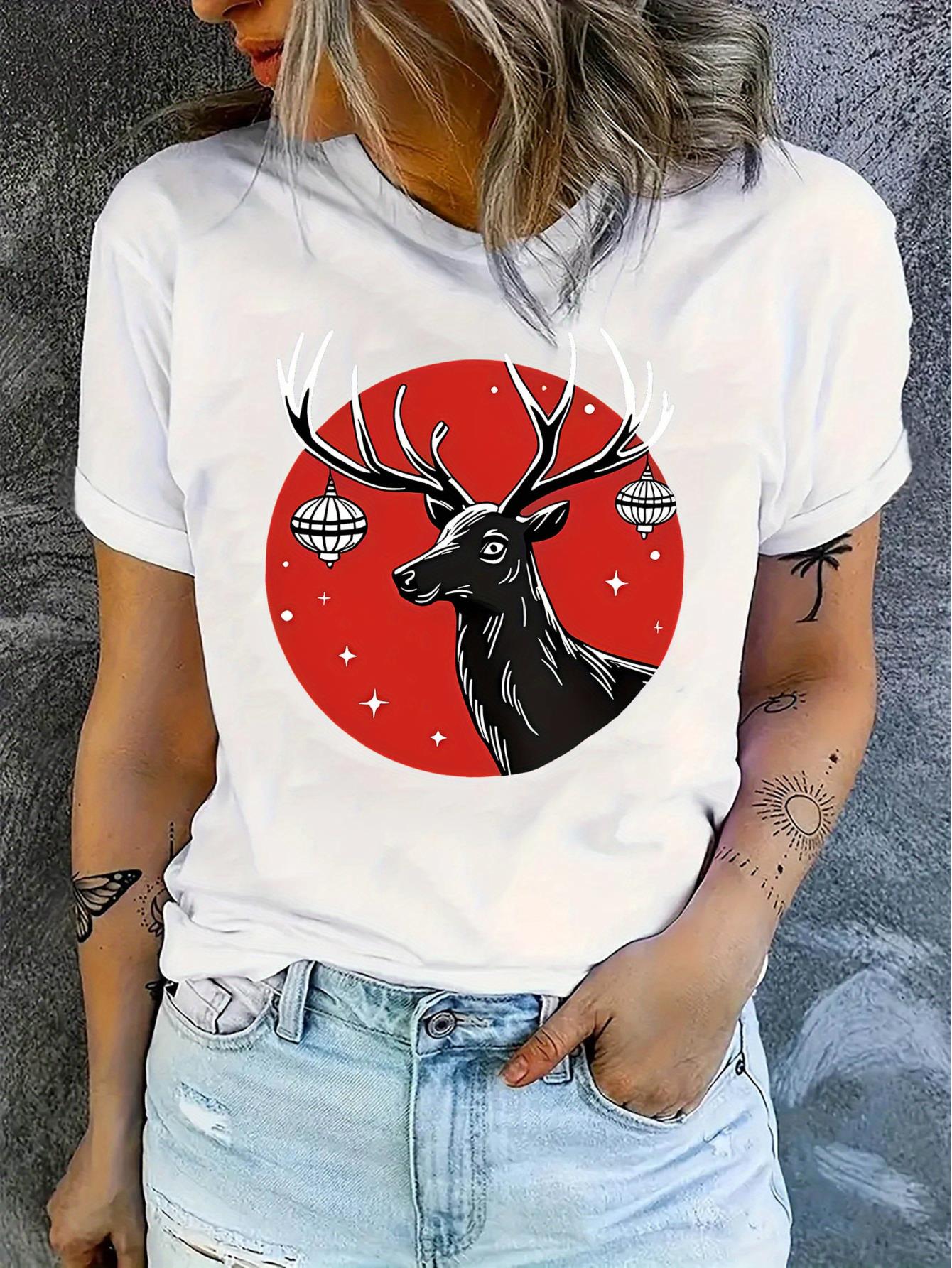 thumbnail image 2 of [Stretch Fit] Women's Casual Crew Neck T-Shirt with Creative Bell Deer Print, Fashionable Short Sleeve Top, Polyester 95% Spandex 5%, Medium Stretch Knit Fabric, All-Season Comfort Fit, Ladies T Shir, 2 of 8