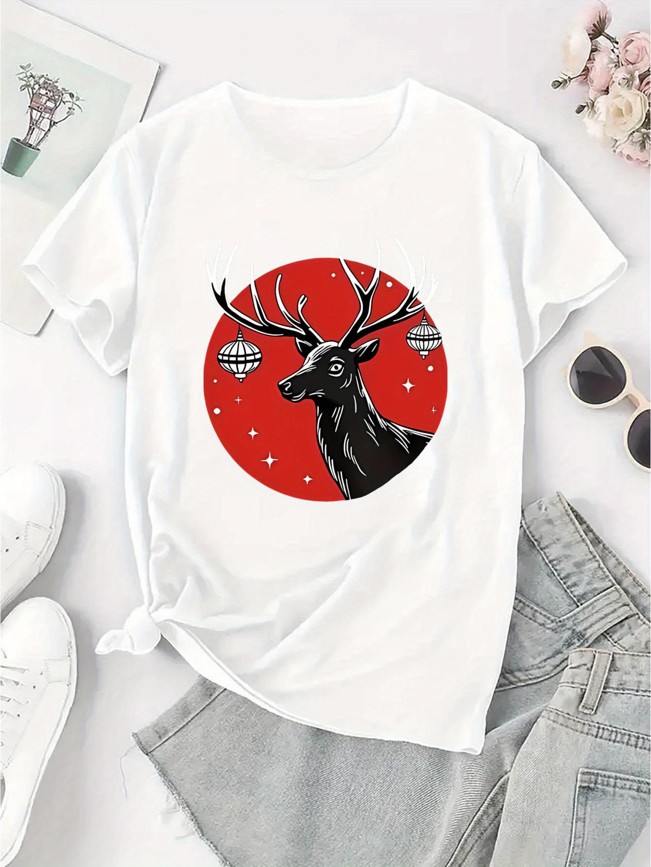 thumbnail image 3 of [Stretch Fit] Women's Casual Crew Neck T-Shirt with Creative Bell Deer Print, Fashionable Short Sleeve Top, Polyester 95% Spandex 5%, Medium Stretch Knit Fabric, All-Season Comfort Fit, Ladies T Shir, 3 of 8