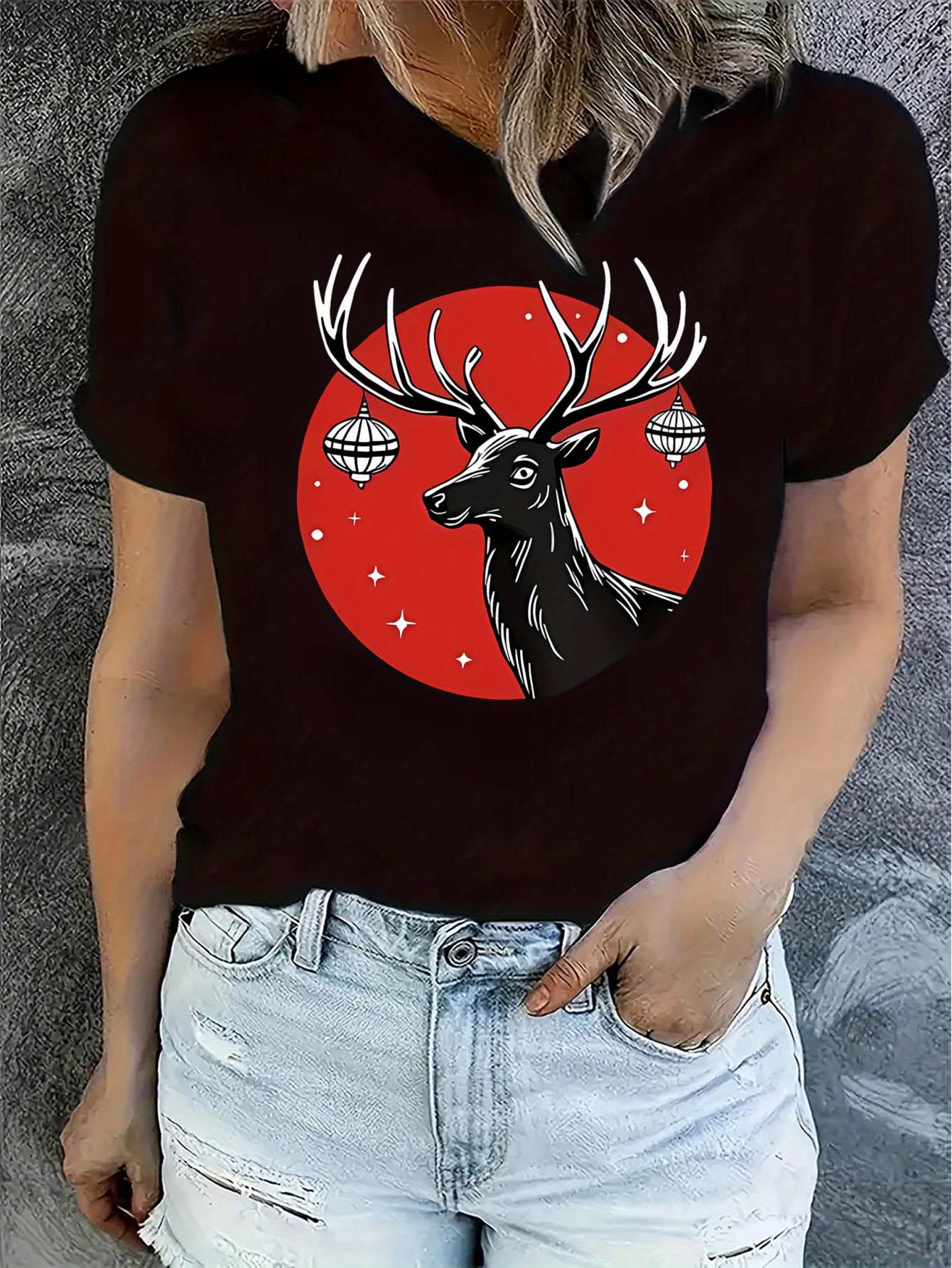thumbnail image 1 of [Stretch Fit] Women's Casual Crew Neck T-Shirt with Creative Bell Deer Print, Fashionable Short Sleeve Top, Polyester 95% Spandex 5%, Medium Stretch Knit Fabric, All-Season Comfort Fit, Ladies T Shir, 1 of 8