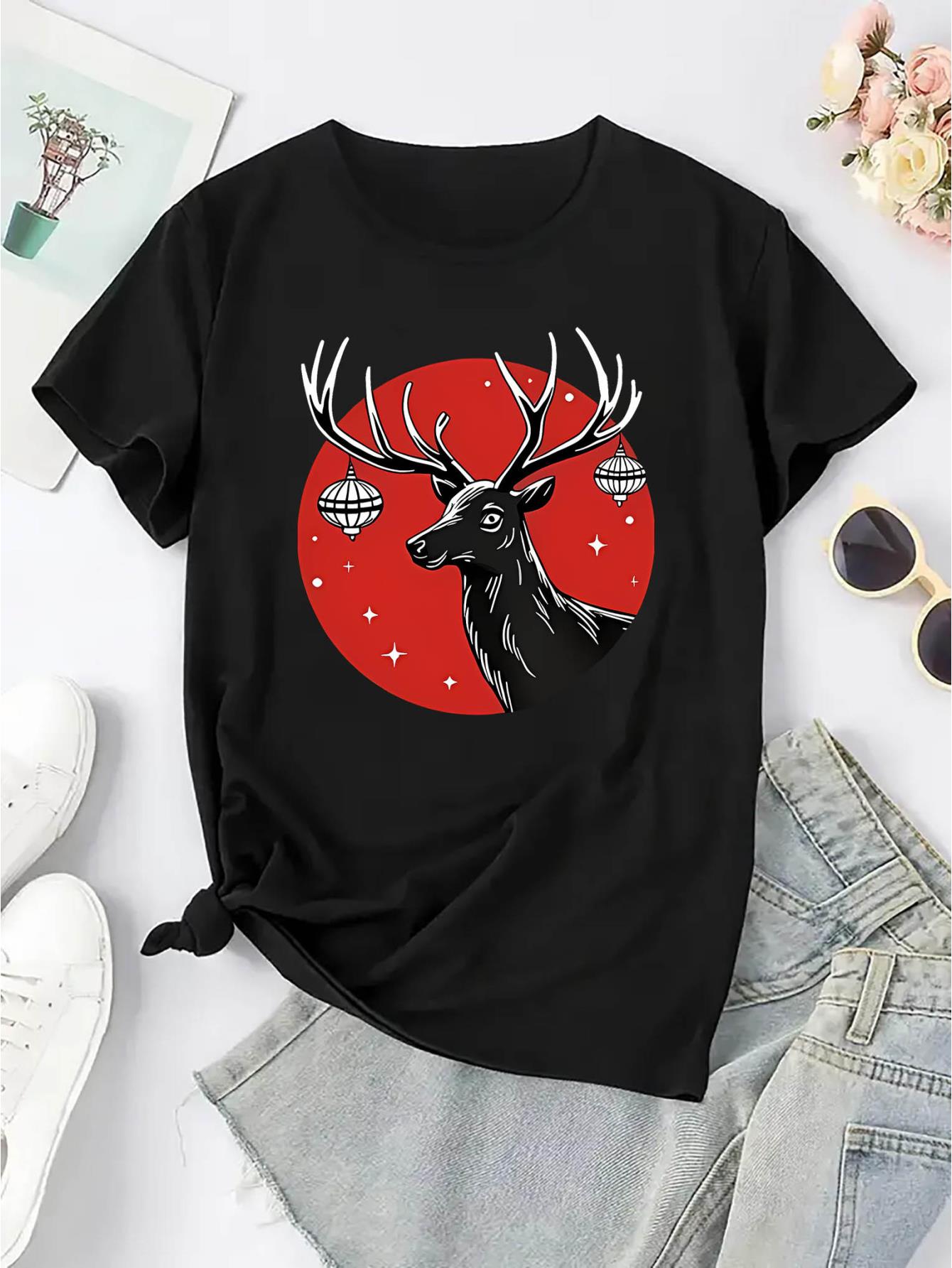 thumbnail image 4 of [Stretch Fit] Women's Casual Crew Neck T-Shirt with Creative Bell Deer Print, Fashionable Short Sleeve Top, Polyester 95% Spandex 5%, Medium Stretch Knit Fabric, All-Season Comfort Fit, Ladies T Shir, 4 of 8
