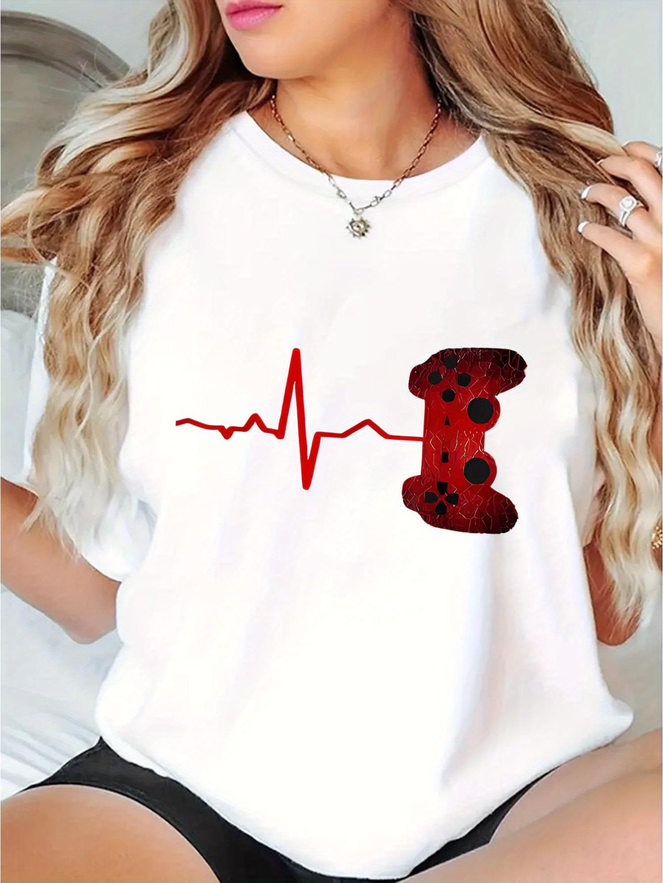 thumbnail image 2 of Creative Game Console ECG Pattern Printed Women'S Fashionable Round Neck Short Sleeve, Simple Casual Sports T-Shirt, Comfortable Summer Top for Women During Holidays., 2 of 8