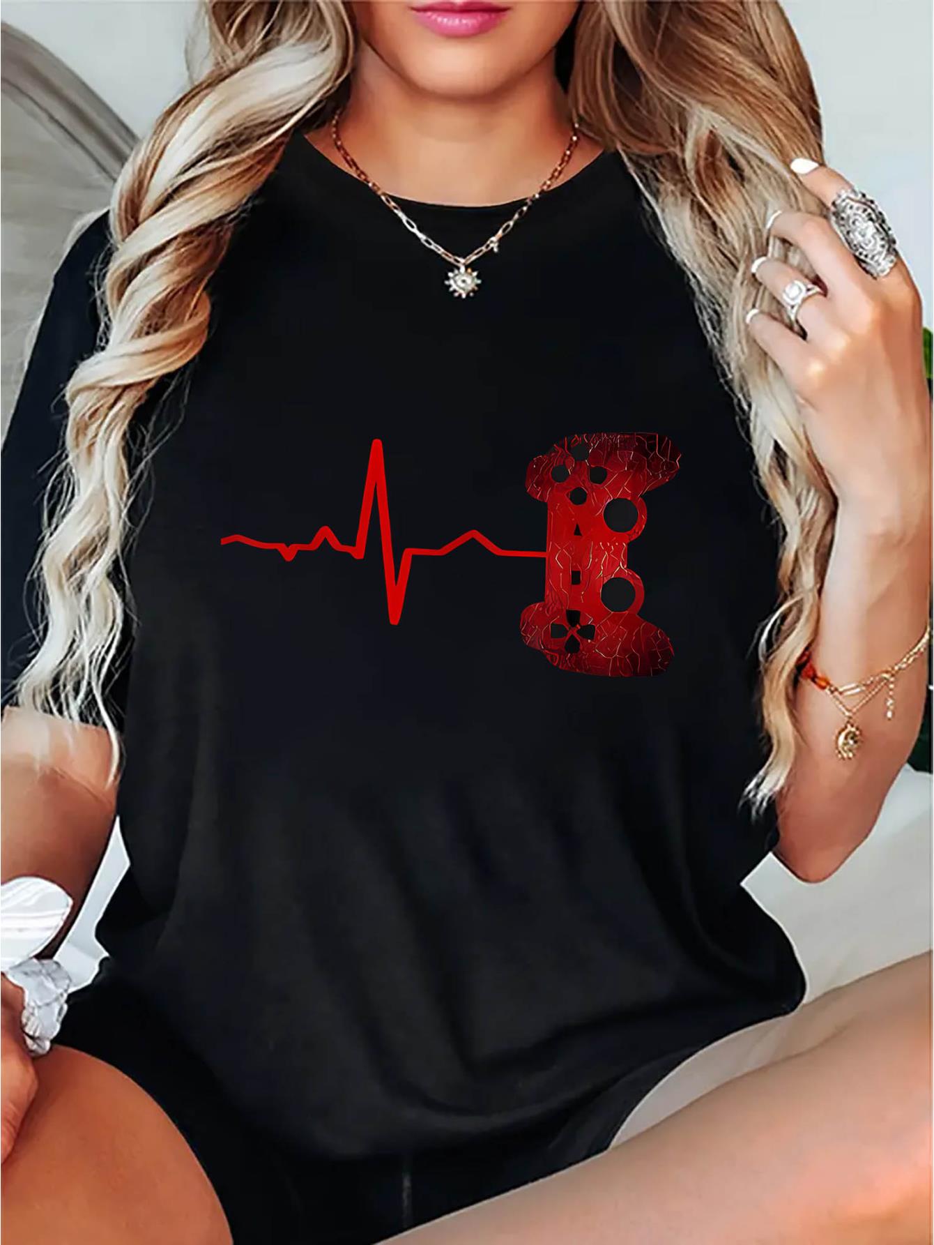 Creative Game Console ECG Pattern Printed Women'S Fashionable Round Neck Short Sleeve, Simple Casual Sports T-Shirt, Comfortable Summer Top for Women During Holidays.