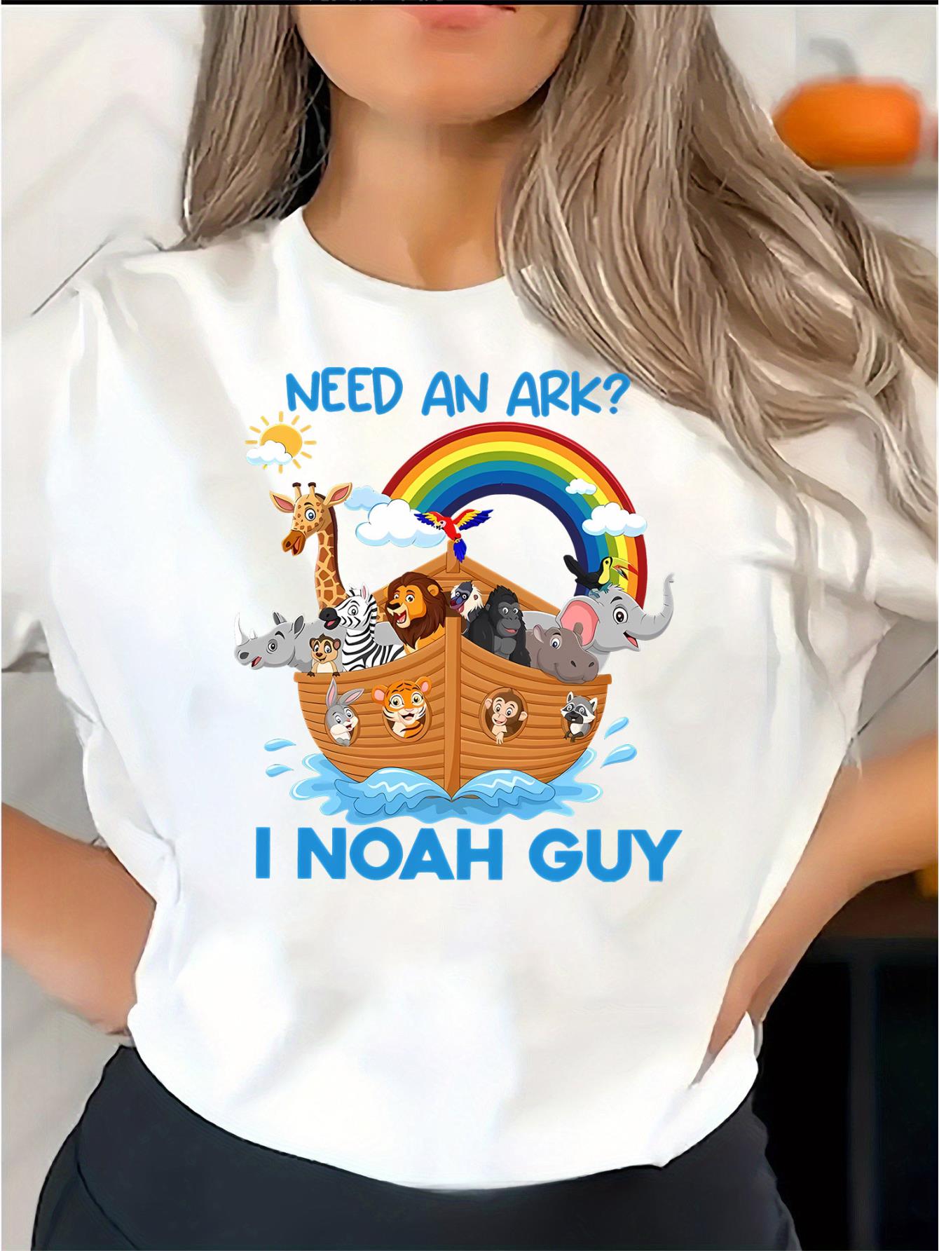 thumbnail image 2 of Women's Fun Noah's Ark Animal Print T-Shirt - "Need an Ark? I Noah Guy" Design, Comfortable Casual Crew Neck Short Sleeve Tee, Soft Polyester Blend, Perfect for Casual Attire or Vacation, 2 of 8