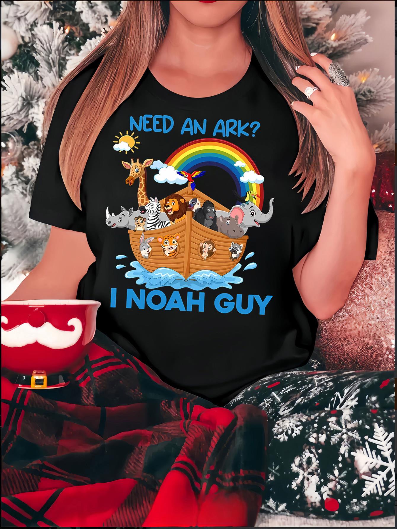 Women's Fun Noah's Ark Animal Print T-Shirt - "Need an Ark? I Noah Guy" Design, Comfortable Casual Crew Neck Short Sleeve Tee, Soft Polyester Blend, Perfect for Casual Attire or Vacation