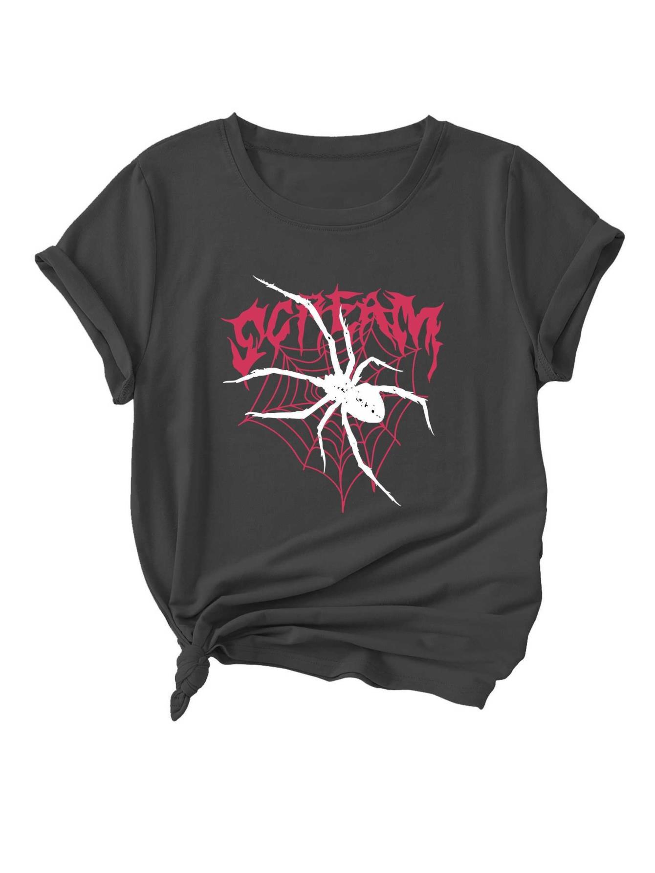 thumbnail image 2 of Chic Cartoon Spider Web Print T-Shirt for Women - Casual Crew Neck, Short Sleeve, Breathable Polyester - Dark gray, 2 of 6