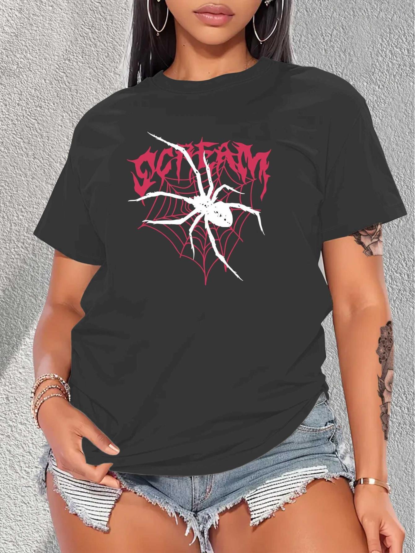 thumbnail image 1 of Chic Cartoon Spider Web Print T-Shirt for Women - Casual Crew Neck, Short Sleeve, Breathable Polyester - Dark gray, 1 of 6