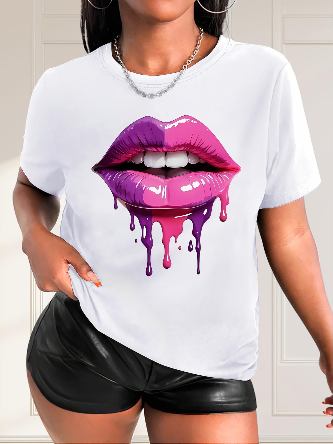 Women'S Casual Crew Neck Short Sleeve T-Shirt, Polyester Knit Fabric with Medium Stretch, with Colorful Lip Print, for Spring/Summer/Fall