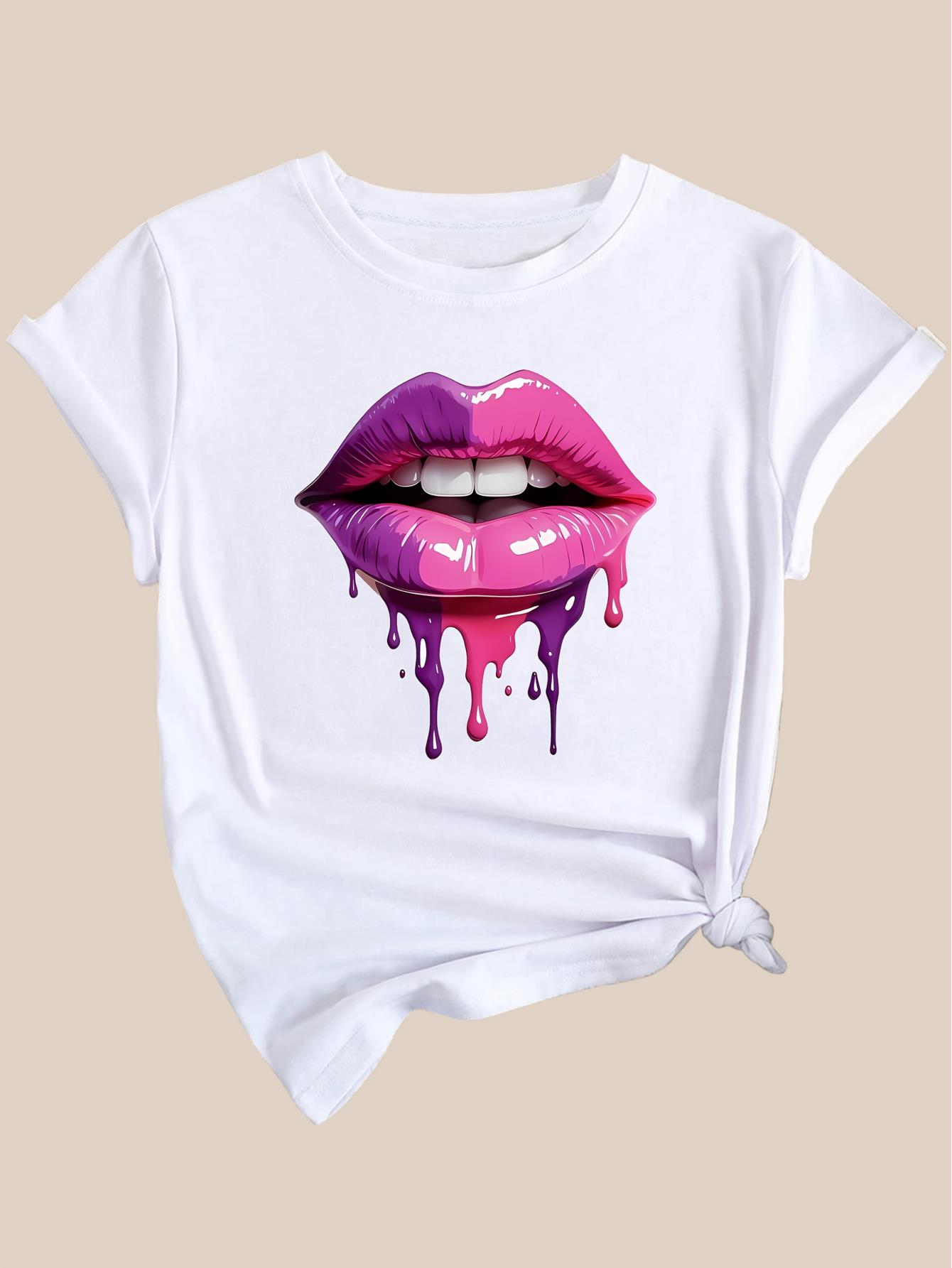 thumbnail image 4 of Women'S Casual Crew Neck Short Sleeve T-Shirt, Polyester Knit Fabric with Medium Stretch, with Colorful Lip Print, for Spring/Summer/Fall, 4 of 7