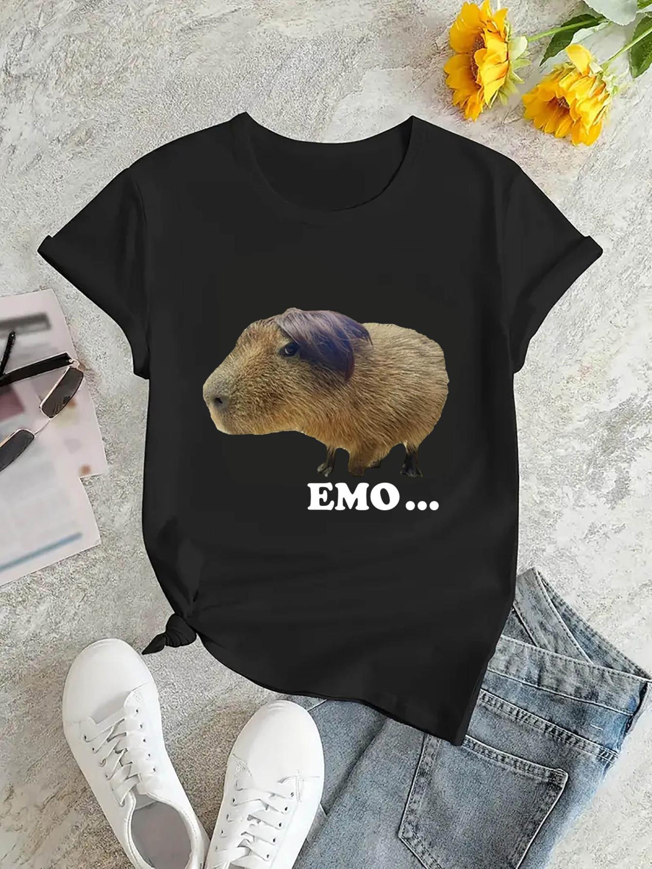 thumbnail image 4 of Emo Guinea Pig Graphic Print T-Shirt for Women, Casual Style Crew Neck Short Sleeve, Comfortable Summer Top with Polyester and Spandex Blend, Medium Stretch Knit Fabric - Fashionable Animal Pattern T, 4 of 8
