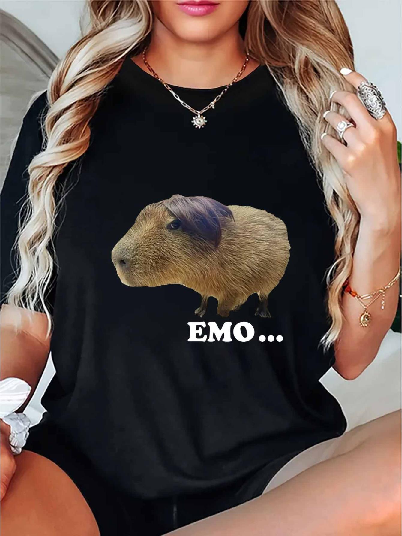 thumbnail image 2 of Emo Guinea Pig Graphic Print T-Shirt for Women, Casual Style Crew Neck Short Sleeve, Comfortable Summer Top with Polyester and Spandex Blend, Medium Stretch Knit Fabric - Fashionable Animal Pattern T, 2 of 8