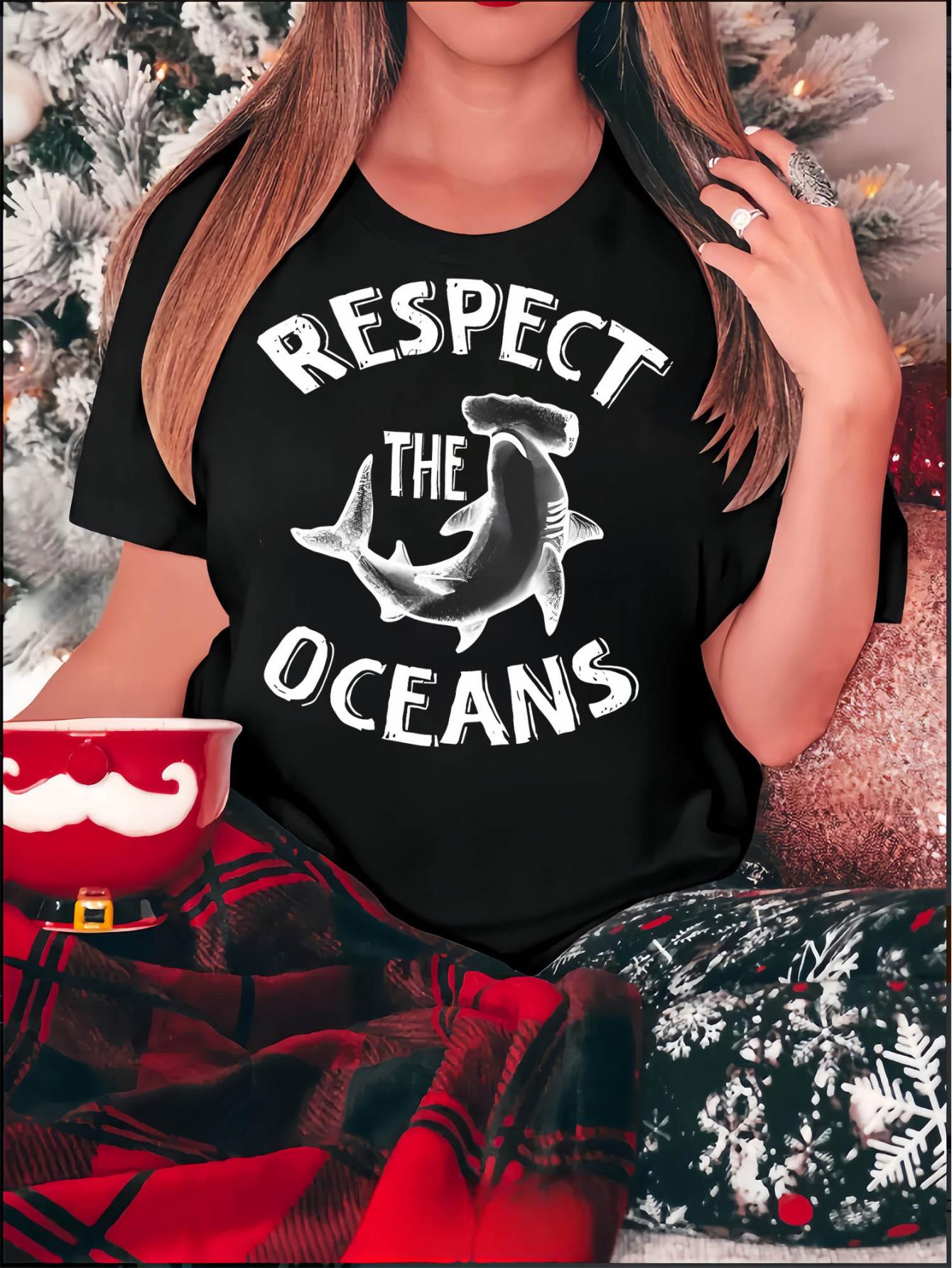 thumbnail image 2 of Women's Casual "Respect the Oceans" Shark Graphic Tee - Short Sleeve, Round Neck, Polyester Blend, Comfortable Summer Top for Casual Attire, 2 of 8