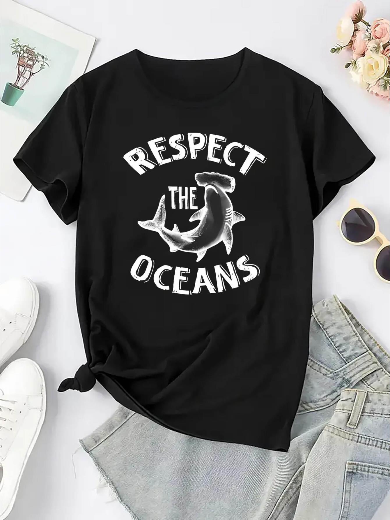 thumbnail image 3 of Women's Casual "Respect the Oceans" Shark Graphic Tee - Short Sleeve, Round Neck, Polyester Blend, Comfortable Summer Top for Casual Attire, 3 of 8