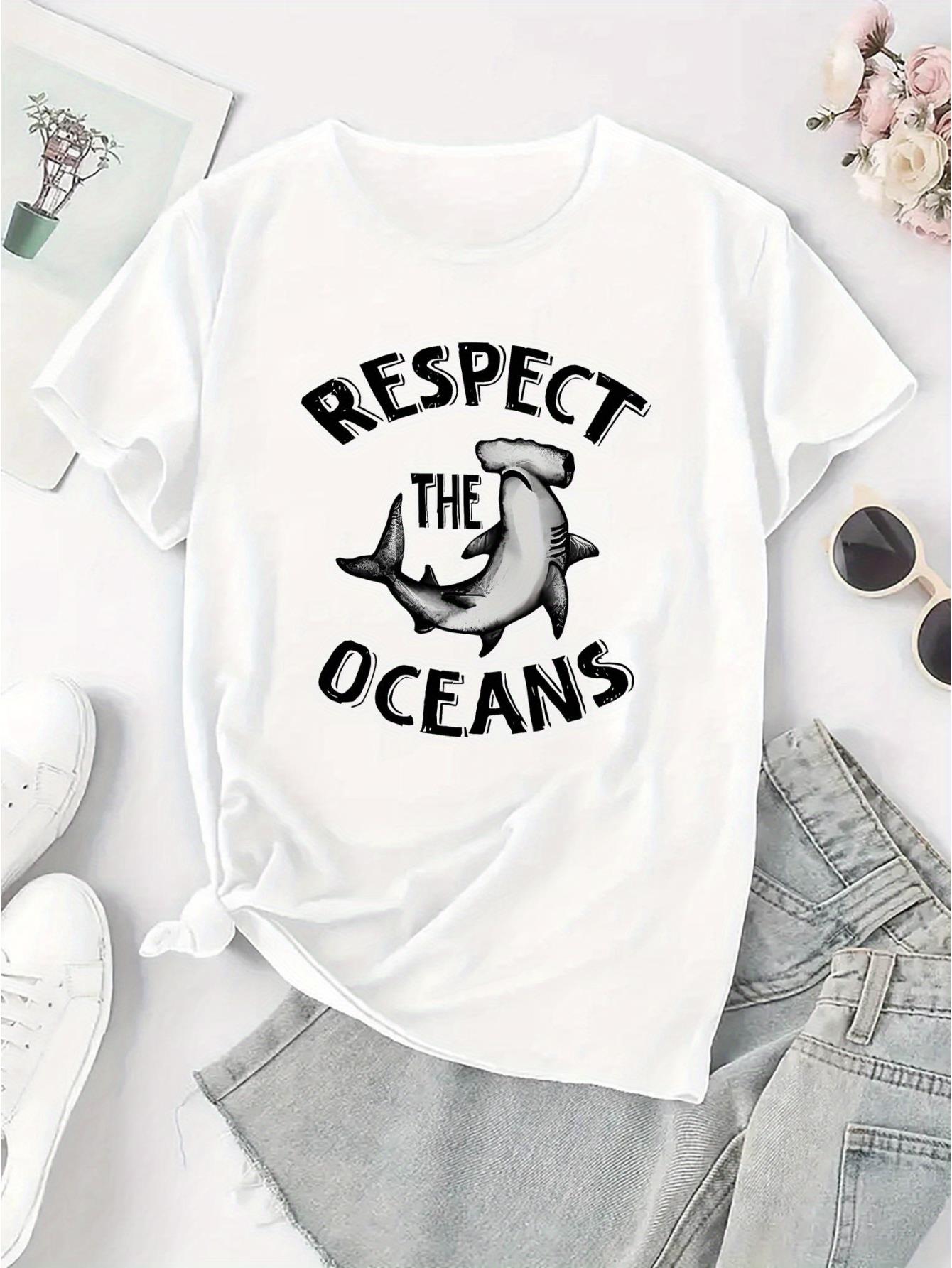 thumbnail image 4 of Women's Casual "Respect the Oceans" Shark Graphic Tee - Short Sleeve, Round Neck, Polyester Blend, Comfortable Summer Top for Casual Attire, 4 of 8