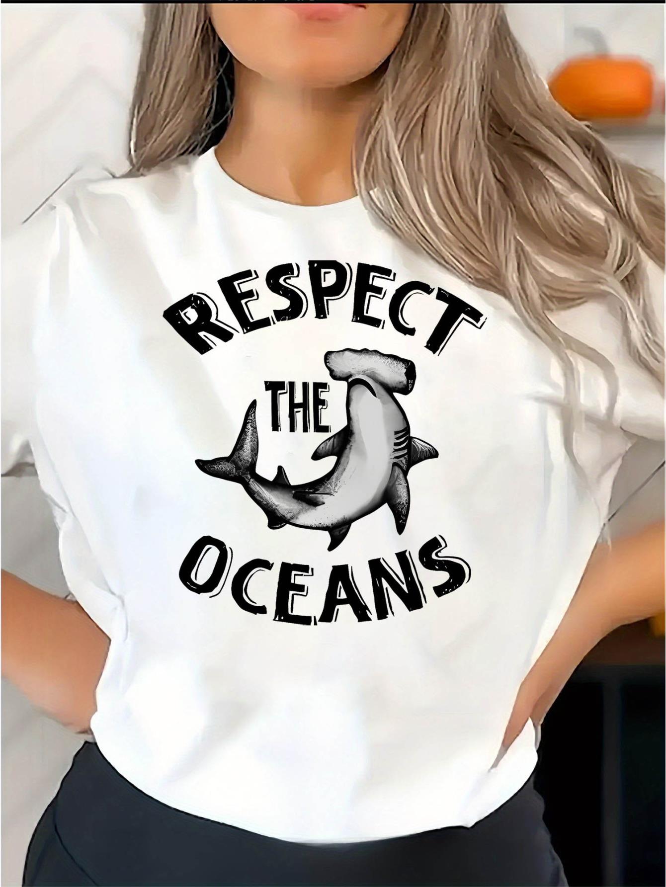 thumbnail image 1 of Women's Casual "Respect the Oceans" Shark Graphic Tee - Short Sleeve, Round Neck, Polyester Blend, Comfortable Summer Top for Casual Attire, 1 of 8
