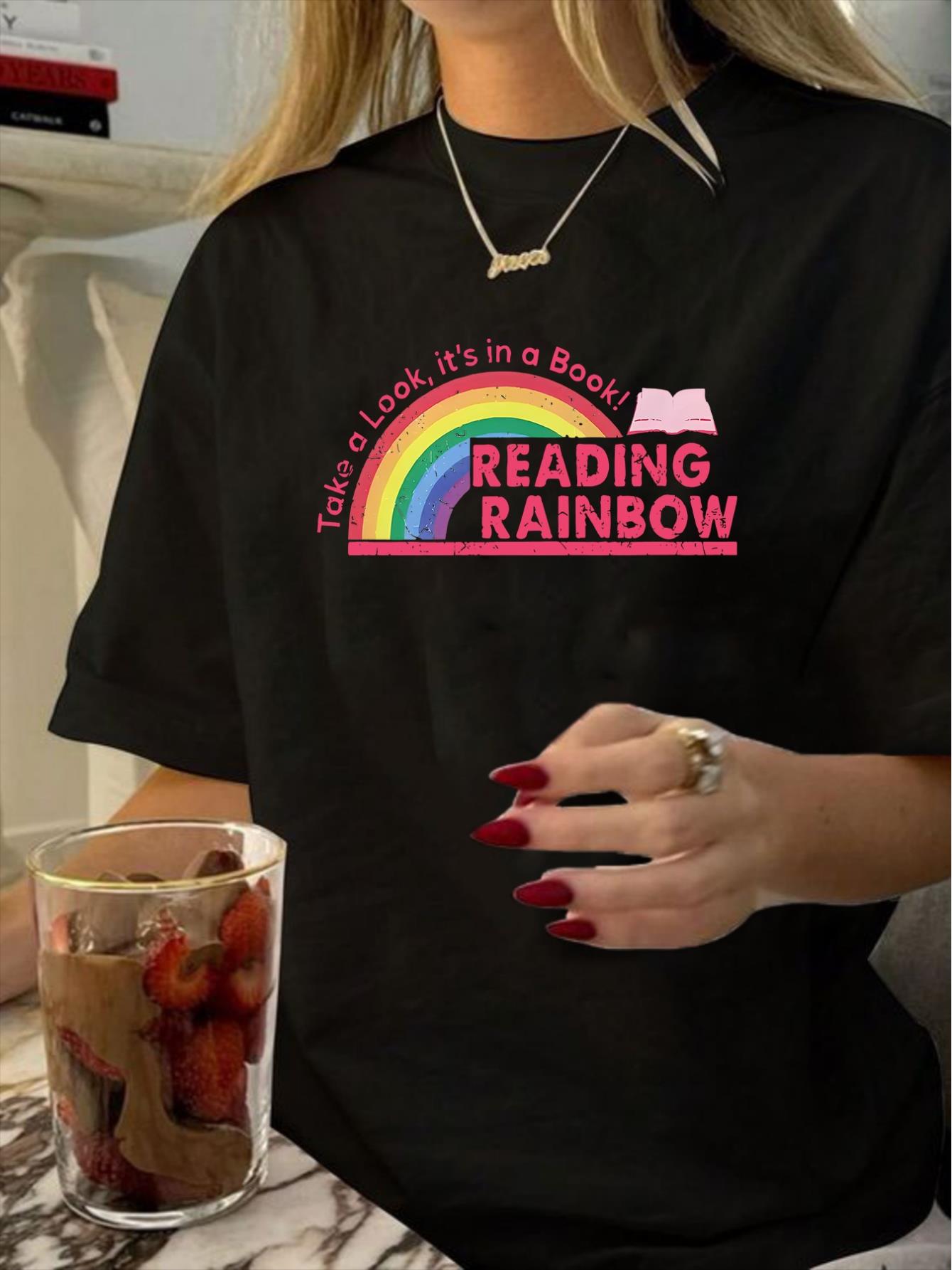 1pc Vintage Style Women'S T-Shirt, Geometric Rainbow Reading Print, Polyester, Short Sleeve, Round Neck, Regular Length, Casual Summer Top