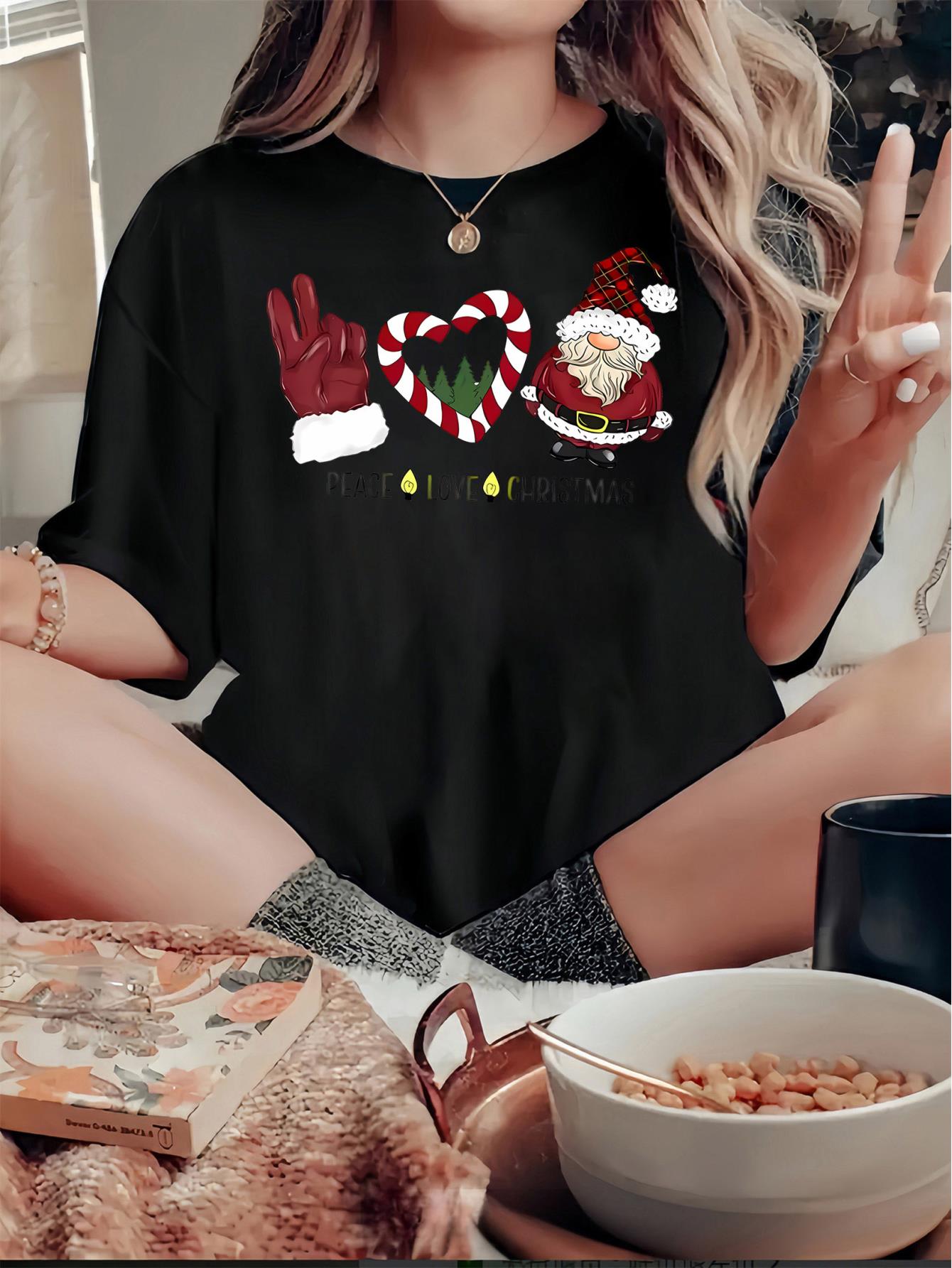 1pc Women'S Casual Crew Neck T-Shirt with Peace Love Christmas Print, Polyester Knit Fabric, Medium Stretch, All-Season Comfort, Fashionable Short Sleeve Top with Abstract Santa and Heart Design
