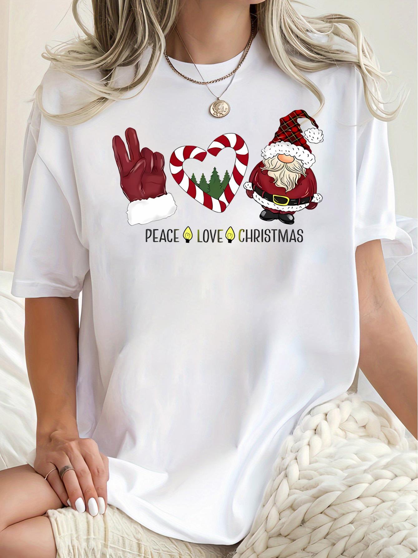 thumbnail image 2 of 1pc Women'S Casual Crew Neck T-Shirt with Peace Love Christmas Print, Polyester Knit Fabric, Medium Stretch, All-Season Comfort, Fashionable Short Sleeve Top with Abstract Santa and Heart Design, 2 of 8