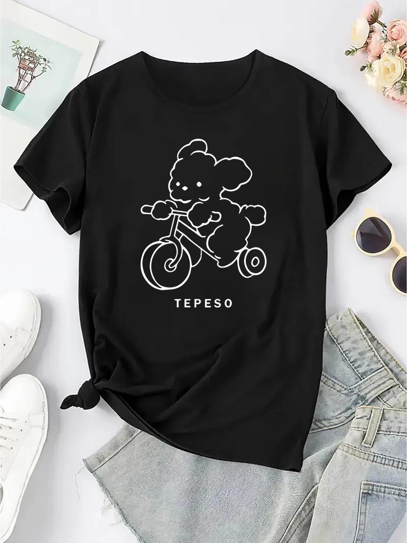 thumbnail image 4 of Women's Cute Poodle Graphic Tee - Casual & Comfy Round Neck Short Sleeve T-Shirt, White with Black Print, Lightweight Polyester Fabric, Perfect for Casual Attire or Summer Vacations, 4 of 8