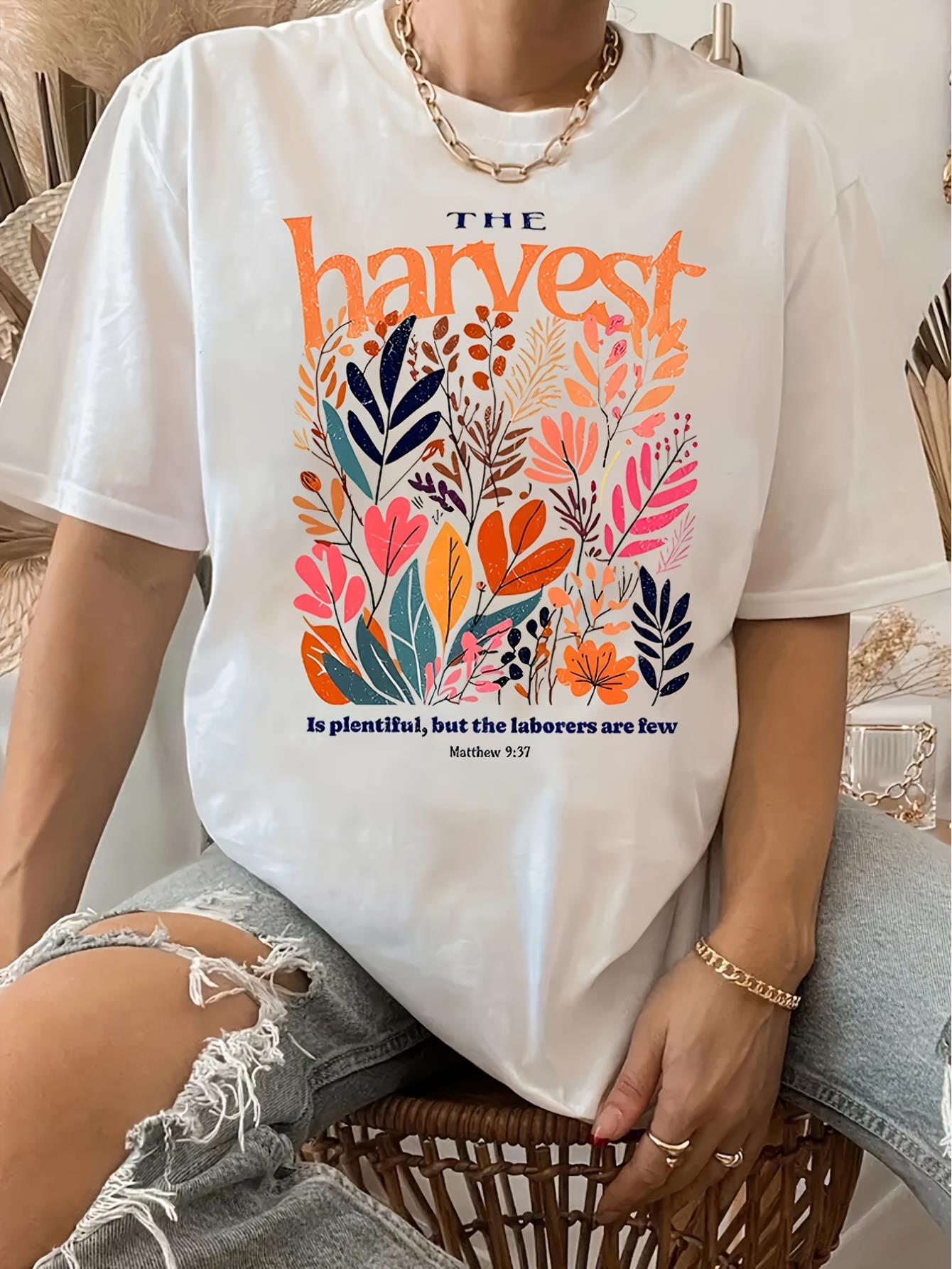 thumbnail image 1 of Vintage-Inspired Geometric Pattern Crew Neck T-Shirt for Women with Short Sleeves, 100% Polyester Knit Fabric, Casual Summer Tee with Scriptural Harvest Motif, 1 of 6