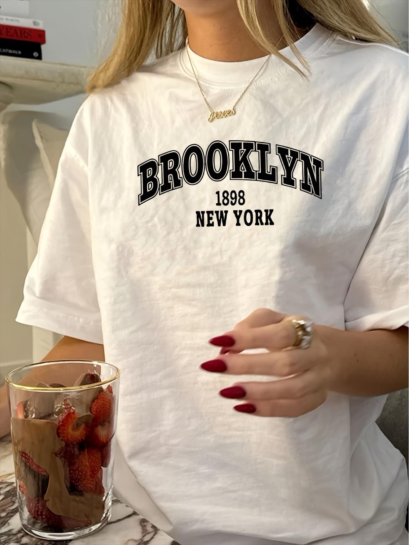 thumbnail image 1 of 1pc Vintage Brooklyn 1898 New York Print T-Shirt, Women'S Casual Round Neck Short Sleeve Tee, Polyester Knit Summer Top, 1 of 6