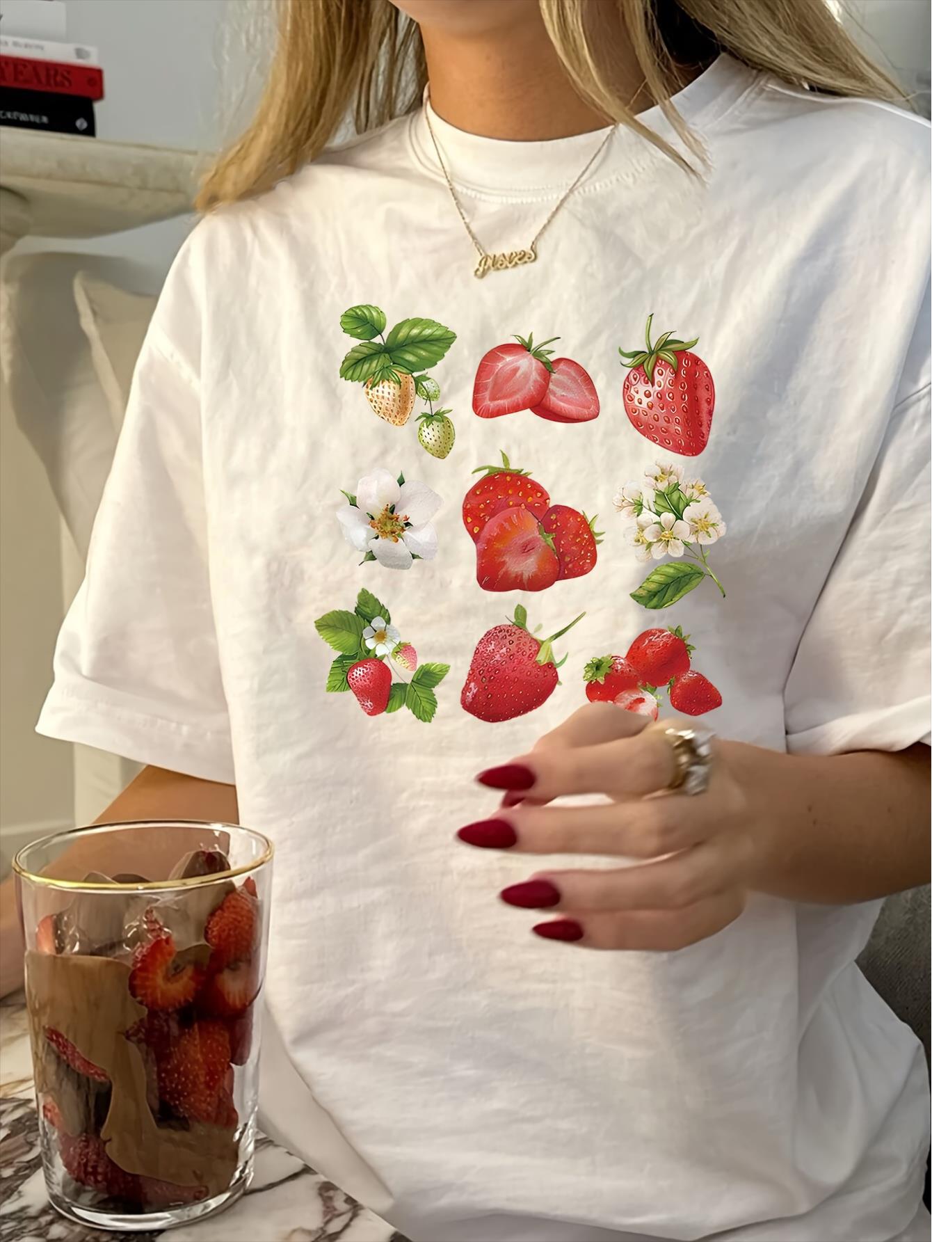 thumbnail image 1 of Vintage Strawberry Print Round Neck T-Shirt for Women, Short Sleeve, Polyester, Machine Washable, 1 of 7
