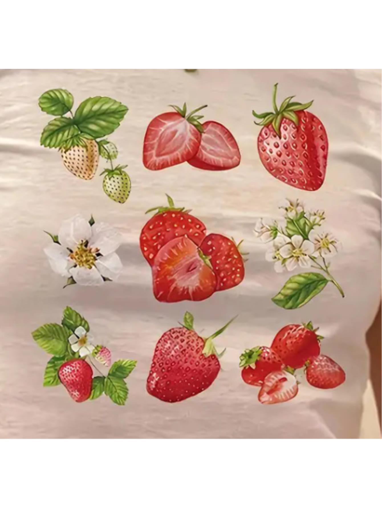thumbnail image 2 of Vintage Strawberry Print Round Neck T-Shirt for Women, Short Sleeve, Polyester, Machine Washable, 2 of 7