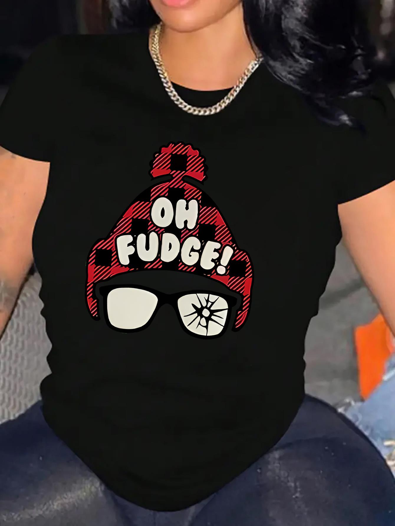 thumbnail image 2 of 1pc Women'S Casual Crew Neck T-Shirt with "Oh Fudge!" Print, Fashionable Short Sleeve Top, Polyester Knit Fabric, Medium Stretch, All-Season Comfort, 2 of 8