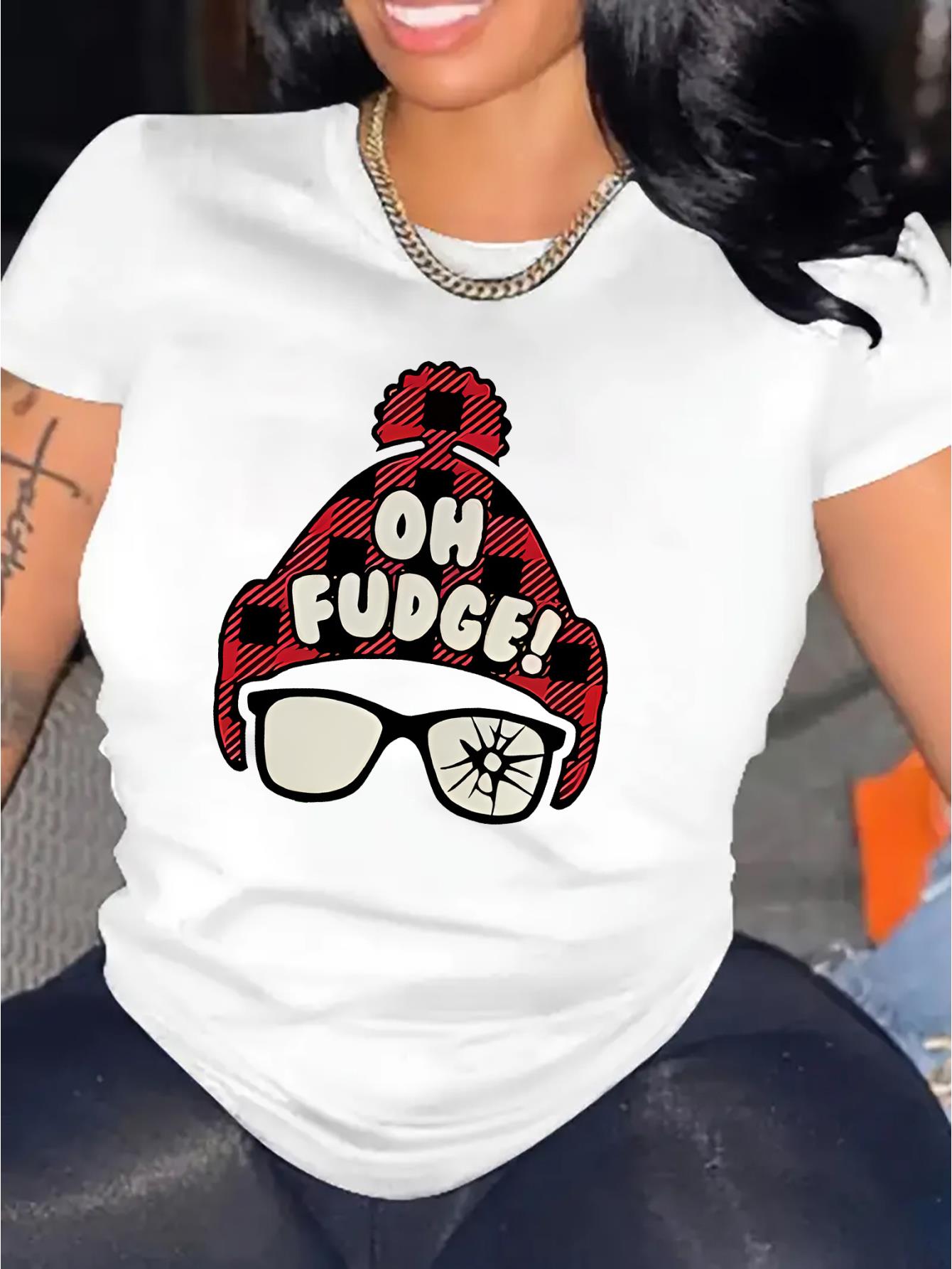 1pc Women'S Casual Crew Neck T-Shirt with "Oh Fudge!" Print, Fashionable Short Sleeve Top, Polyester Knit Fabric, Medium Stretch, All-Season Comfort