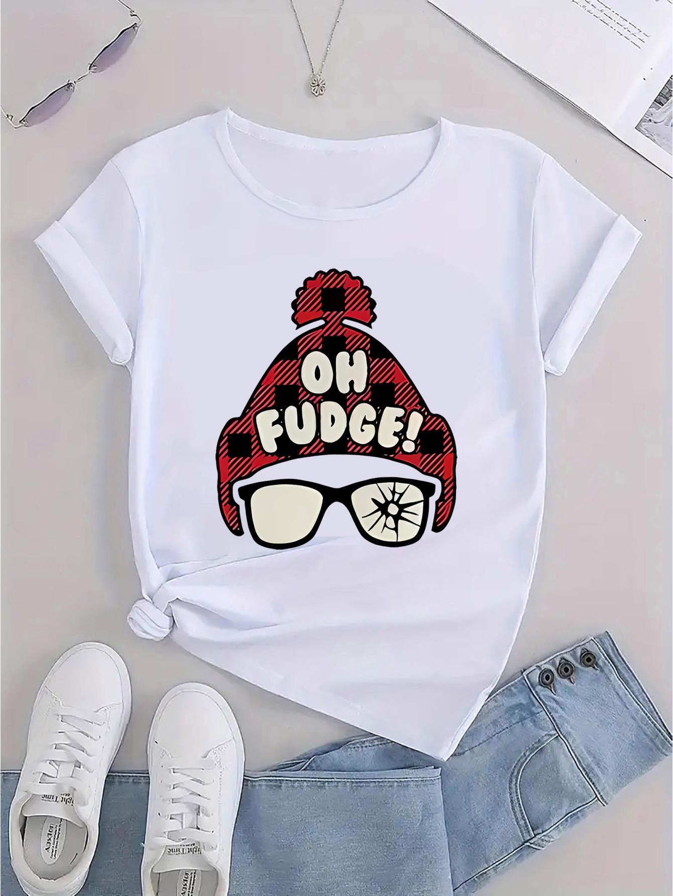 thumbnail image 4 of 1pc Women'S Casual Crew Neck T-Shirt with "Oh Fudge!" Print, Fashionable Short Sleeve Top, Polyester Knit Fabric, Medium Stretch, All-Season Comfort, 4 of 8