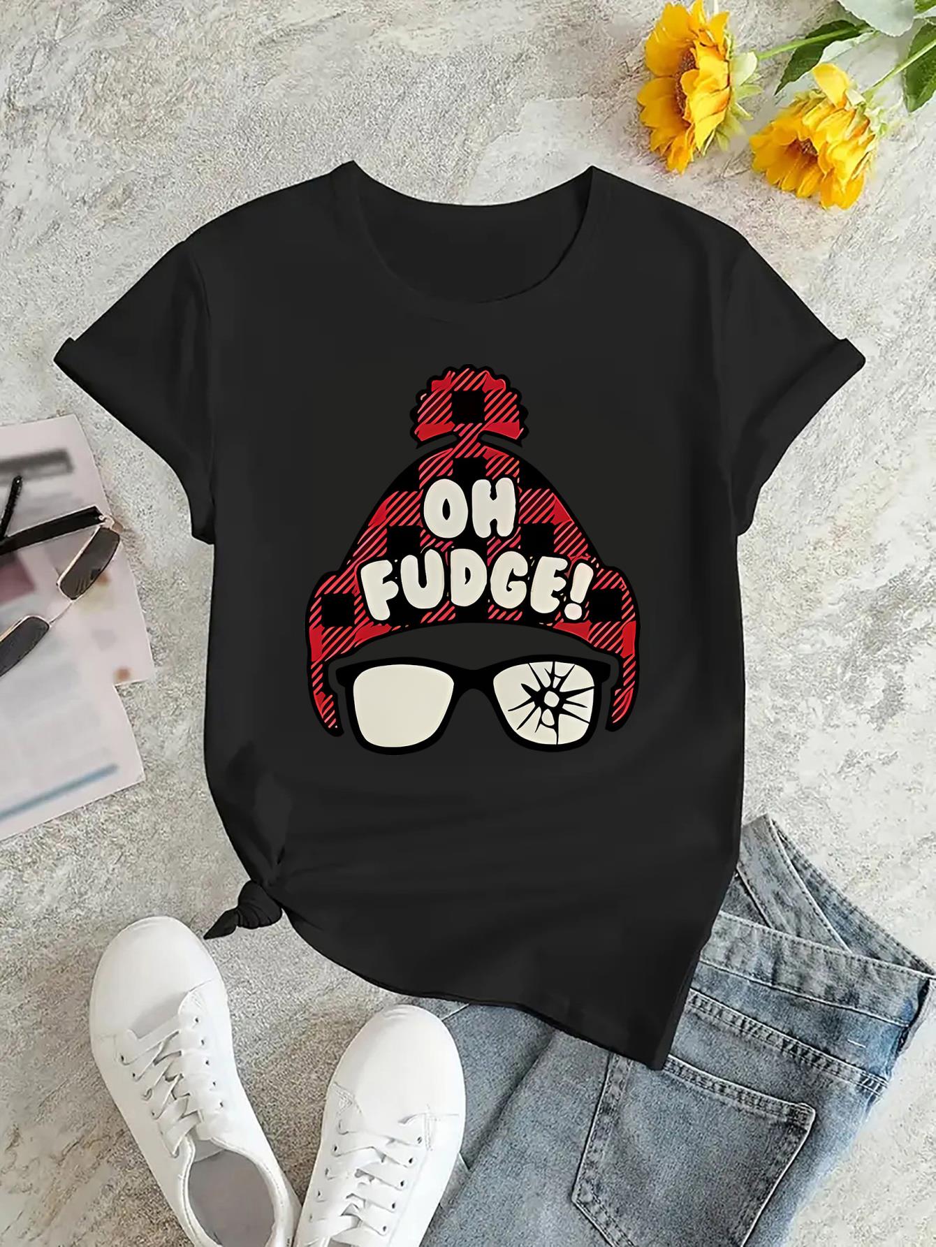 thumbnail image 3 of 1pc Women'S Casual Crew Neck T-Shirt with "Oh Fudge!" Print, Fashionable Short Sleeve Top, Polyester Knit Fabric, Medium Stretch, All-Season Comfort, 3 of 8