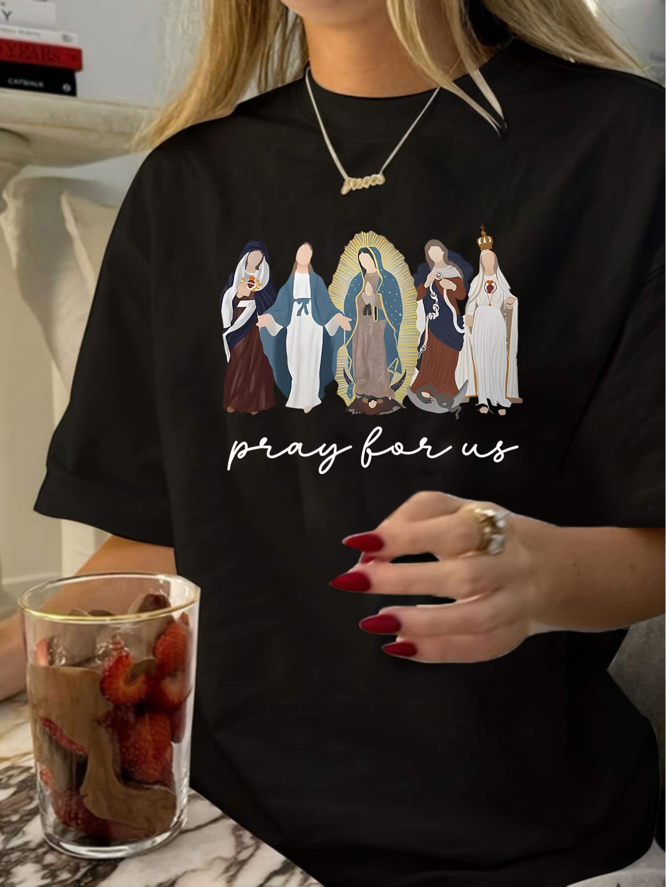 thumbnail image 1 of Pray for Us" Vintage-Inspired Graphic Tee for Women - Casual Round Neck, Short Sleeve, Polyester, Machine Washable with Religious Figures Print, Cool Oversized Tee Shirts, 1 of 6