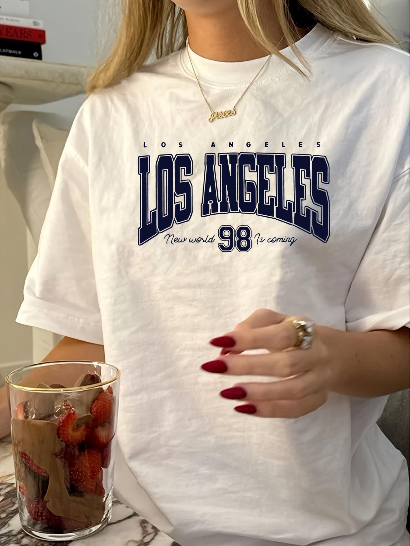 1pc Vintage Los Angeles Graphic Tee, Women'S Casual Crew Neck Short Sleeve T-Shirt, Geometric Pattern Knit Polyester Top for Summer